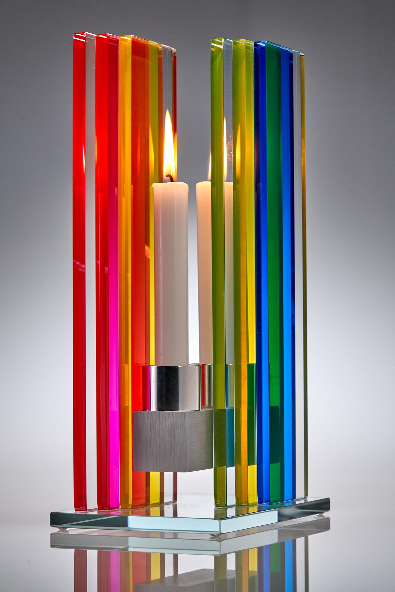 In Stock Candleholder Unified Light Tabletop Glass Aluminum Rainbow In New Condition In Waltham, MA