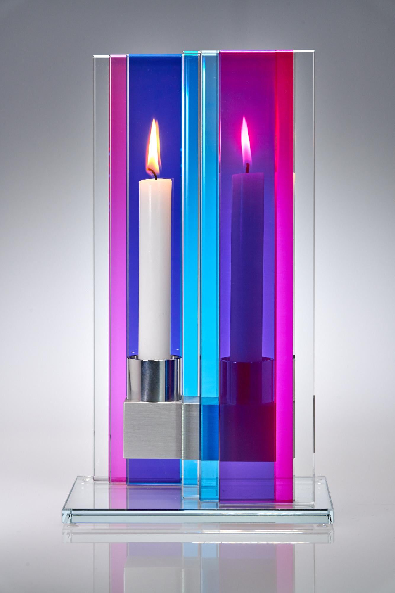 Anodized Contemporary Pink & Blue Glass & Aluminum Candlestick For Sale