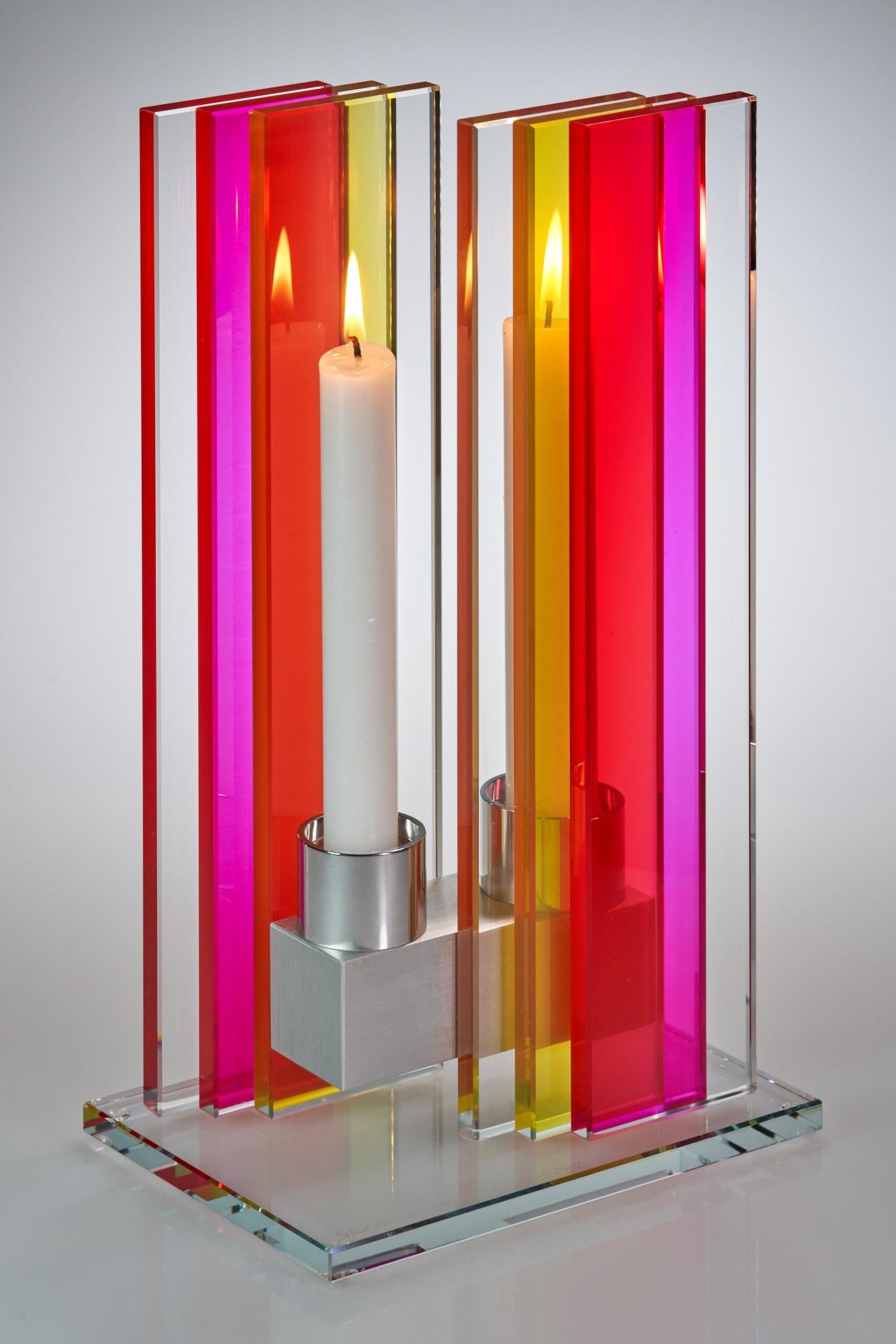 American Contemporary Pink & Yellow Glass & Aluminum Candlestick For Sale