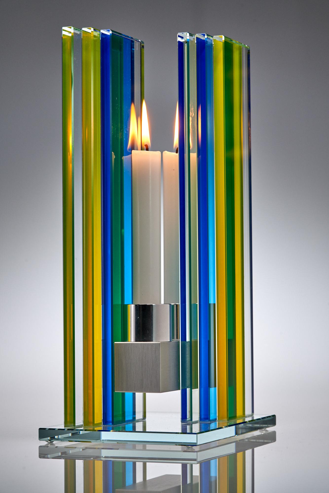 Contemporary Yellow & Blue Glass & Aluminum Candlestick In New Condition For Sale In Waltham, MA