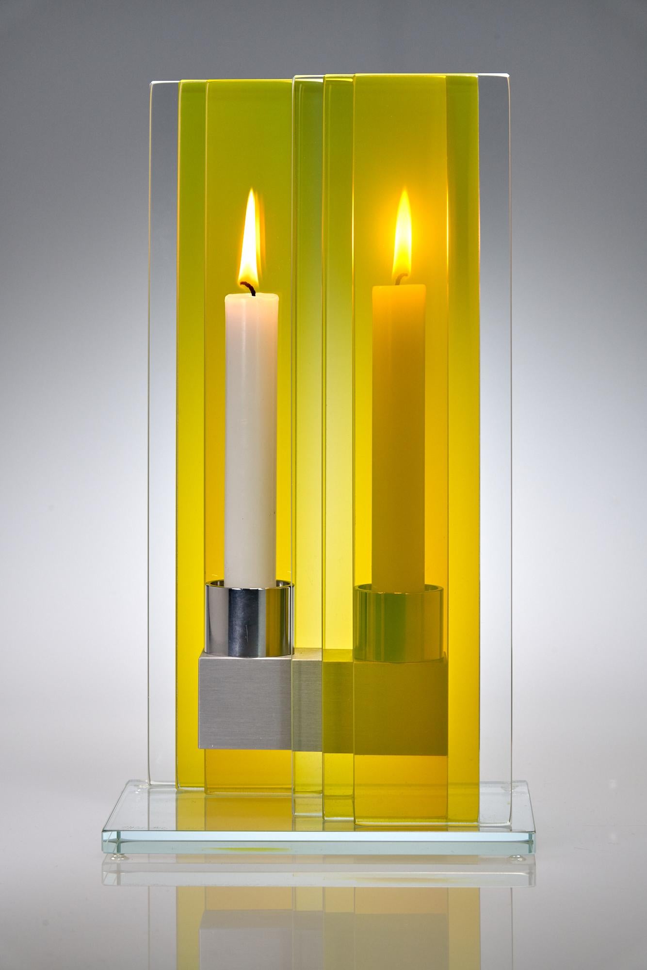 Contemporary Yellow Glass & Aluminum Candlestick In New Condition For Sale In Waltham, MA