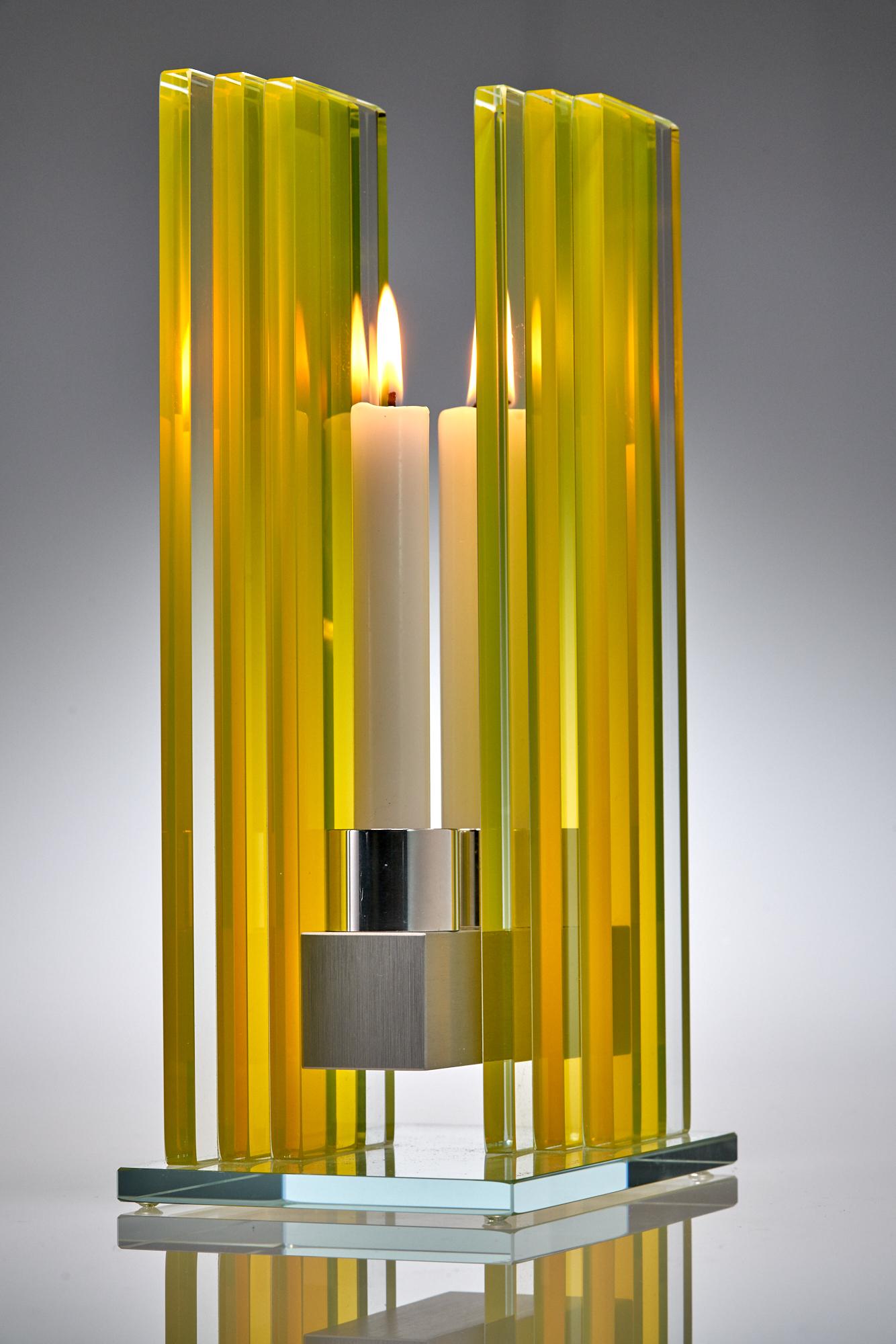 Contemporary Yellow Glass & Aluminum Candlestick For Sale 1