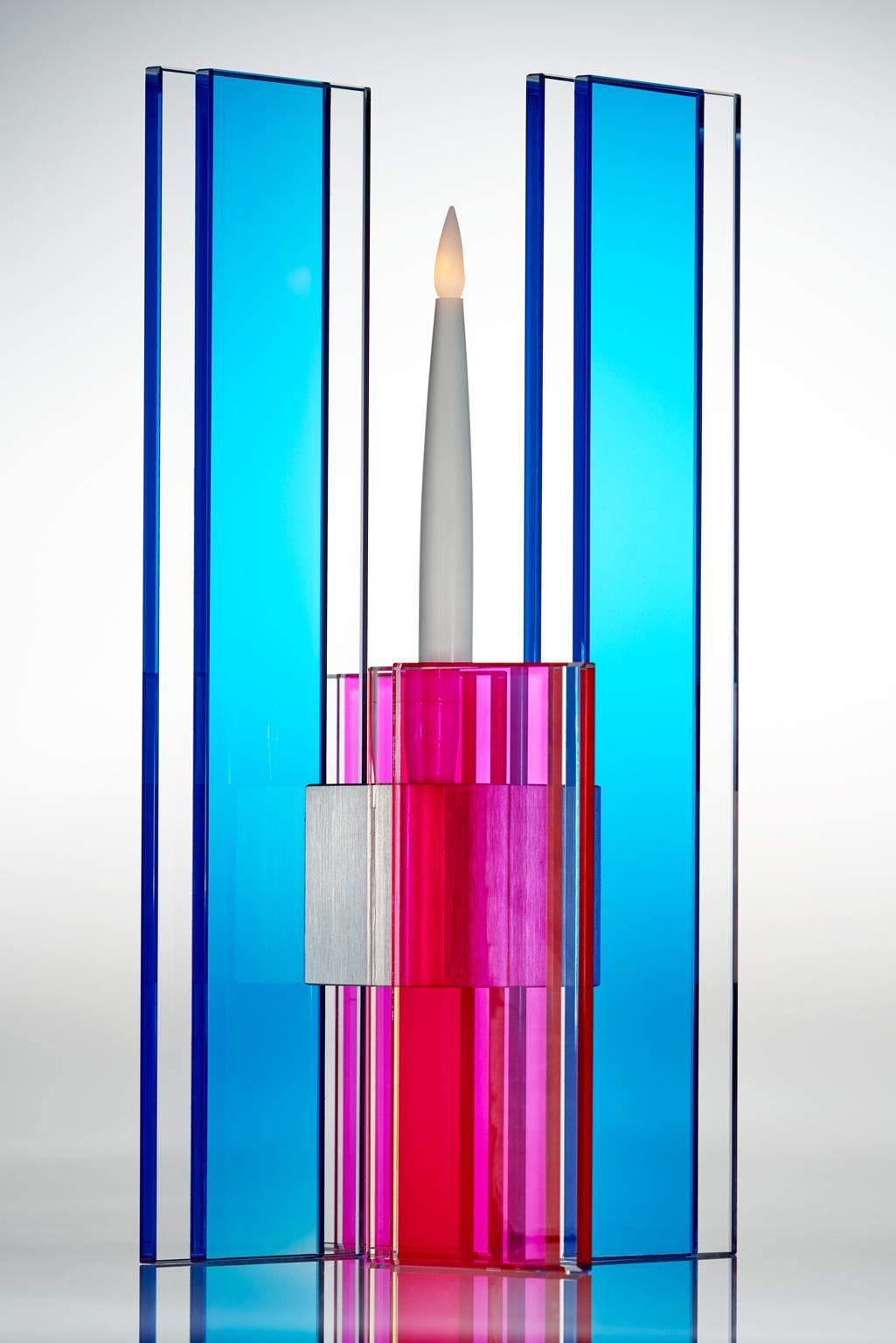 American Contemporary Blue & Pink Glass & Aluminum Candlestick For Sale