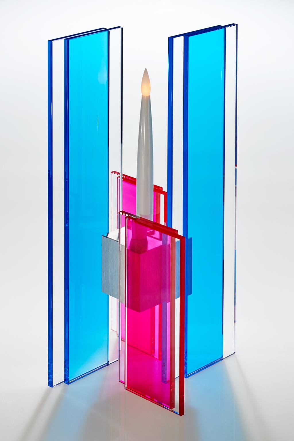 Contemporary Blue & Pink Glass & Aluminum Candlestick In New Condition For Sale In Waltham, MA
