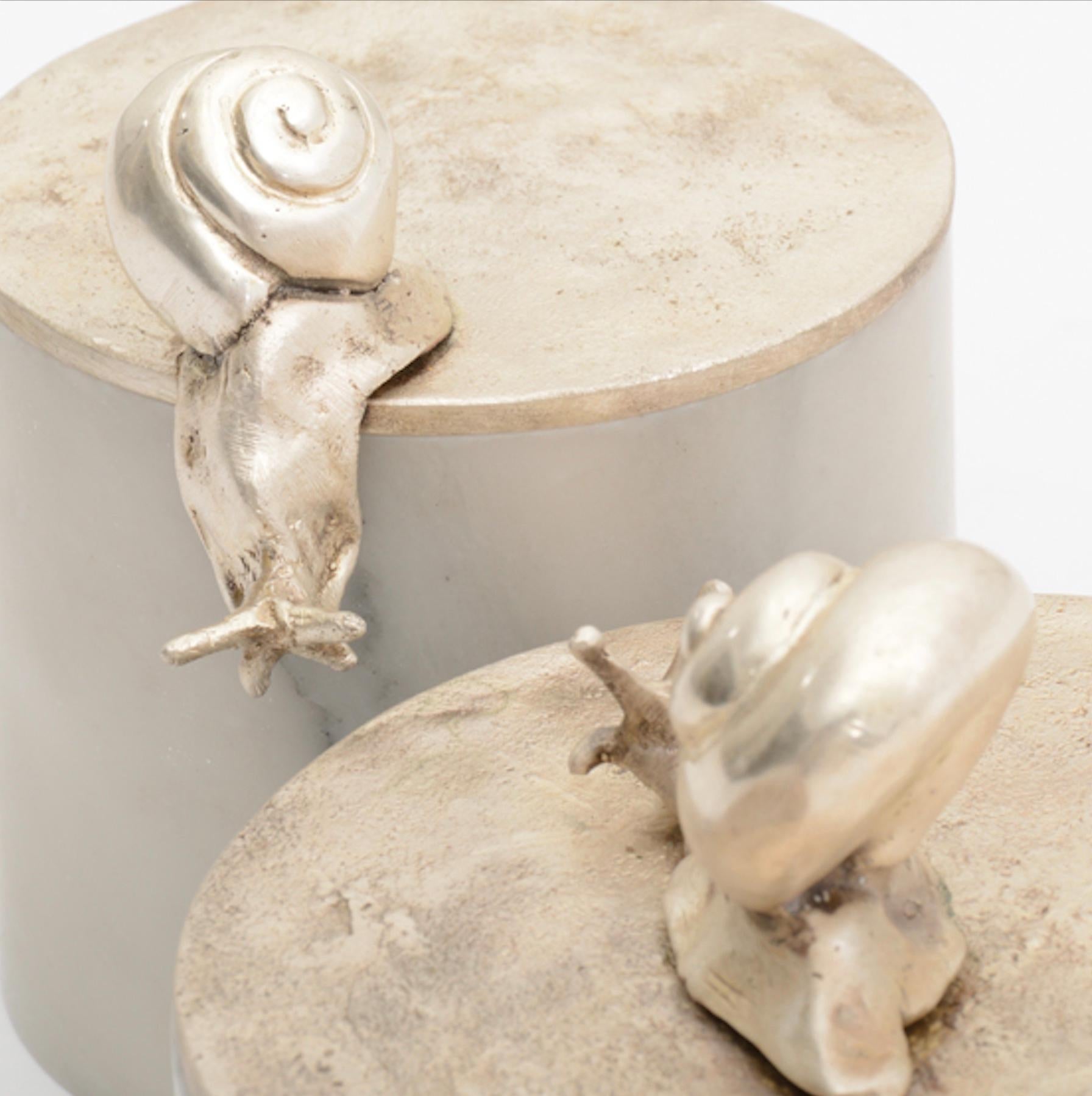 Modern In Stock Caracol Keepsake Box in Silver Bronze and White Marble Elan Atelier For Sale