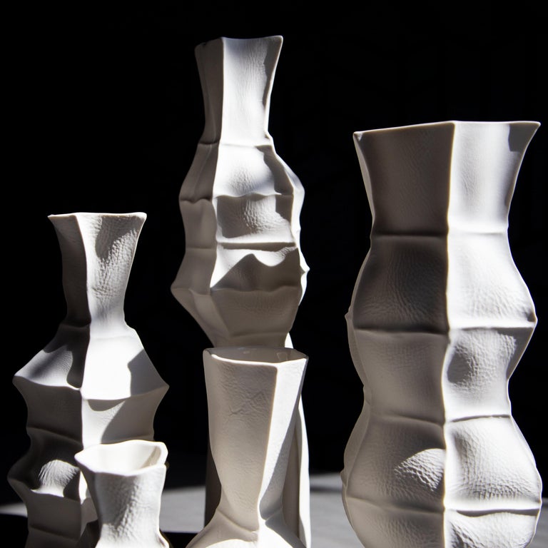 Modern In stock, Ceramic White Kawa Vase, Set of 5, organic porcelain vases For Sale