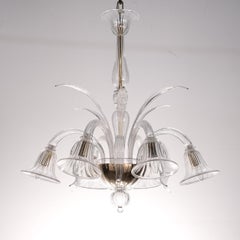 In stock Clear Murano glass chandelier 6 lights, handmade Vintage Made in Italy