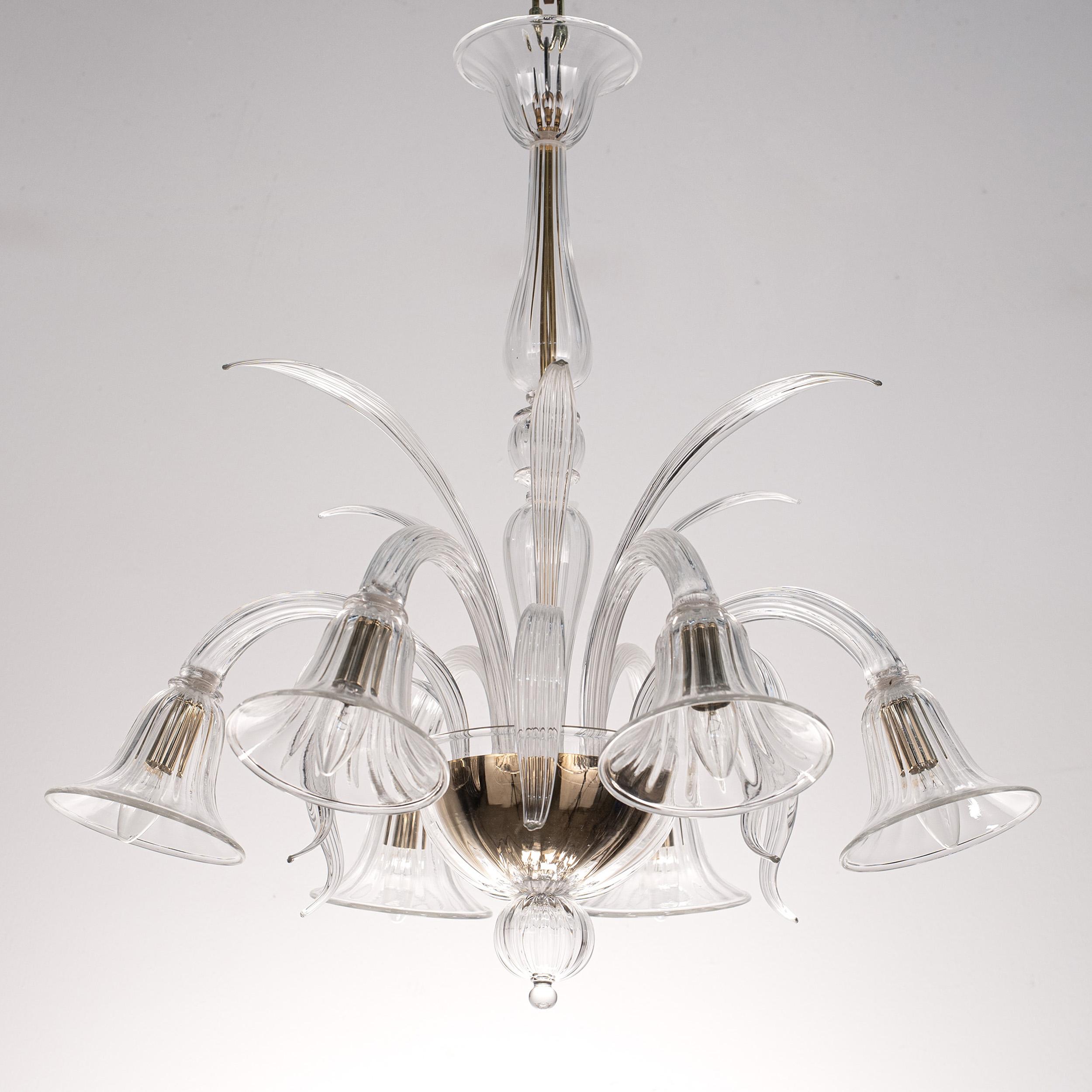 In stock Clear Murano glass chandelier 6 lights, handmade Vintage Made in Italy In Excellent Condition For Sale In Venezia, IT