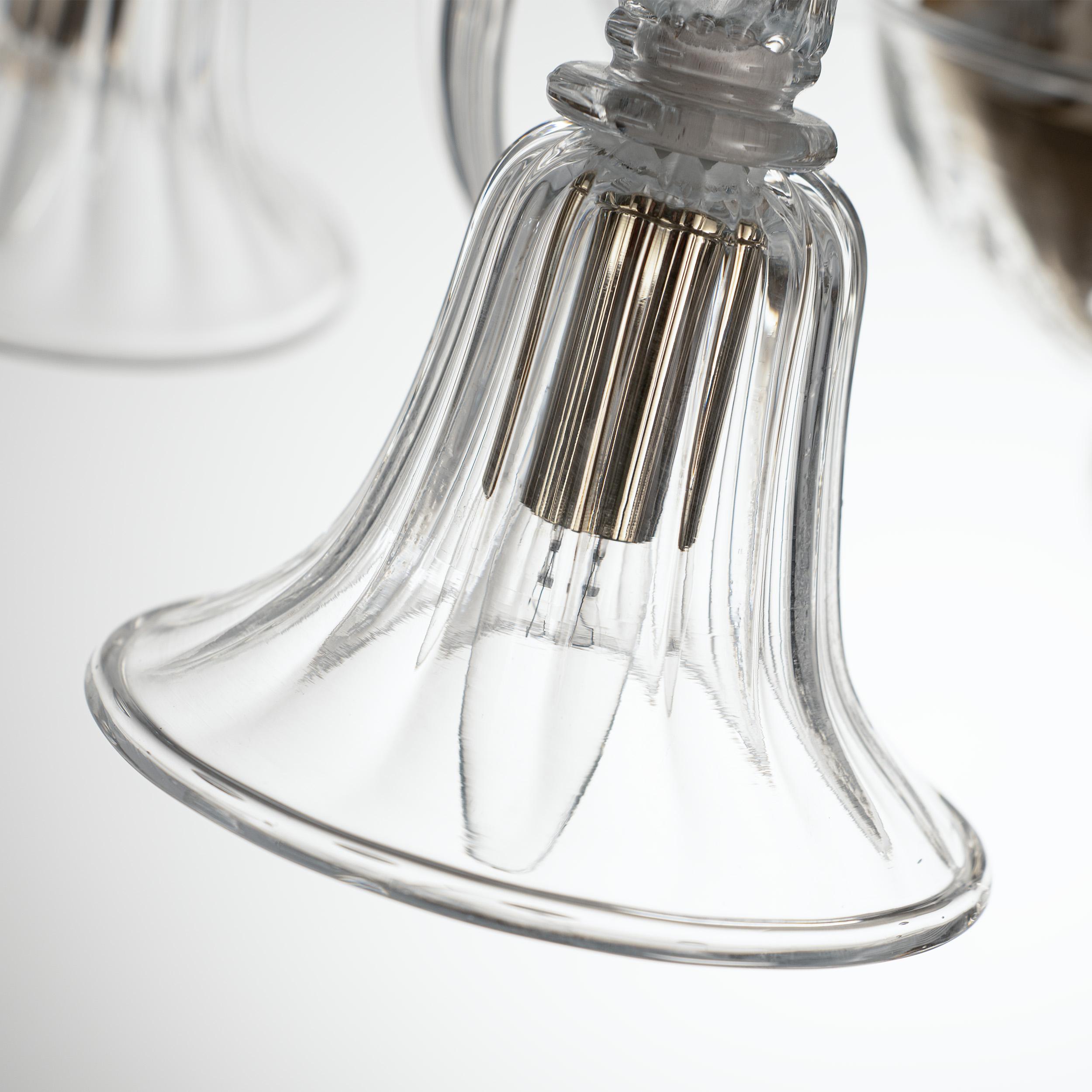 20th Century In stock Clear Murano glass chandelier 6 lights, handmade Vintage Made in Italy For Sale