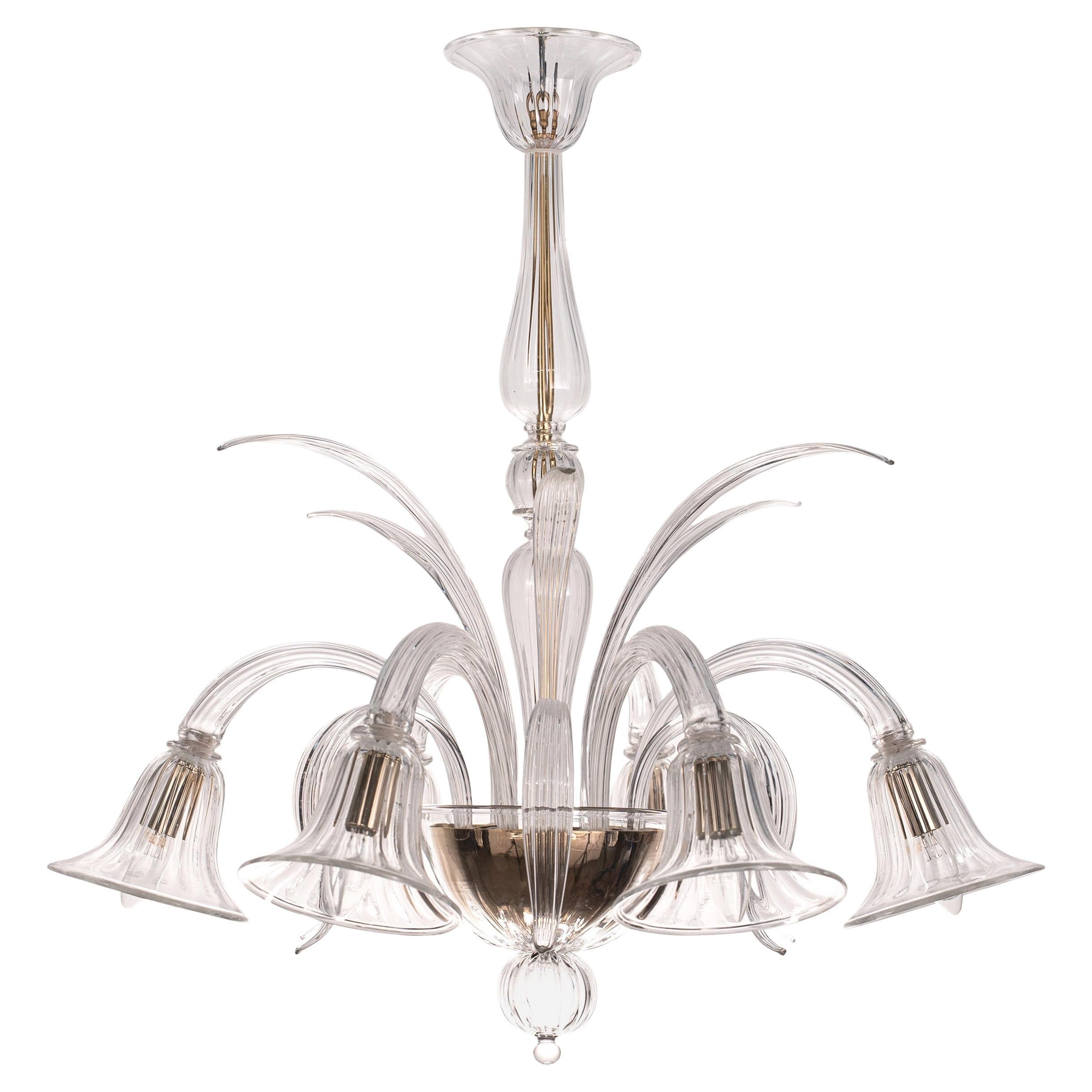 In stock Clear Murano glass chandelier 6 lights, handmade Vintage Made in Italy For Sale