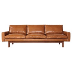Contemporary Large Standard Sofa in Caramel Leather with Walnut Base, in Stock 