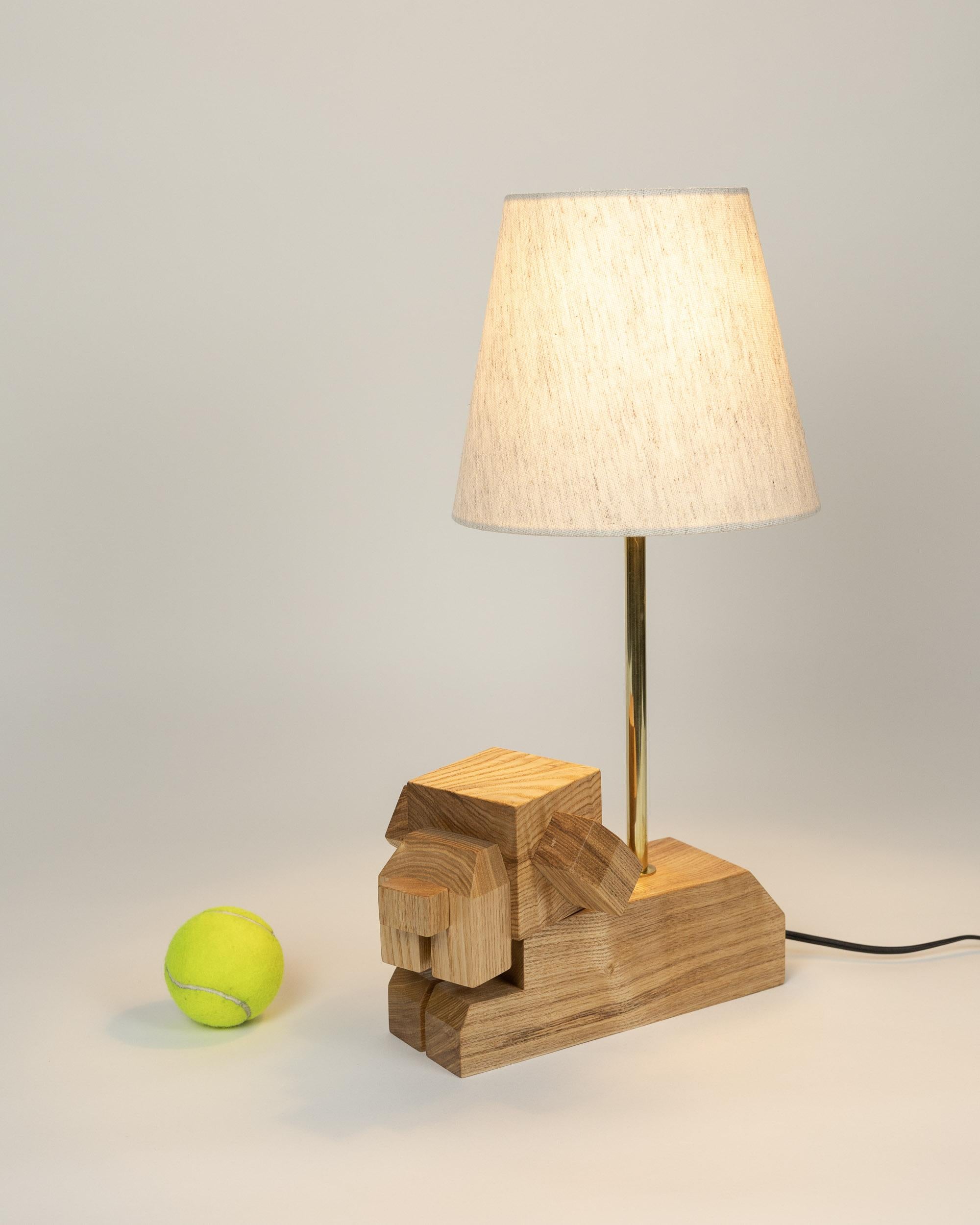 In-stock, Doggy Wooden Table Lamp by WANWANWONDERLAND, hardwood, fabric shade  For Sale 2