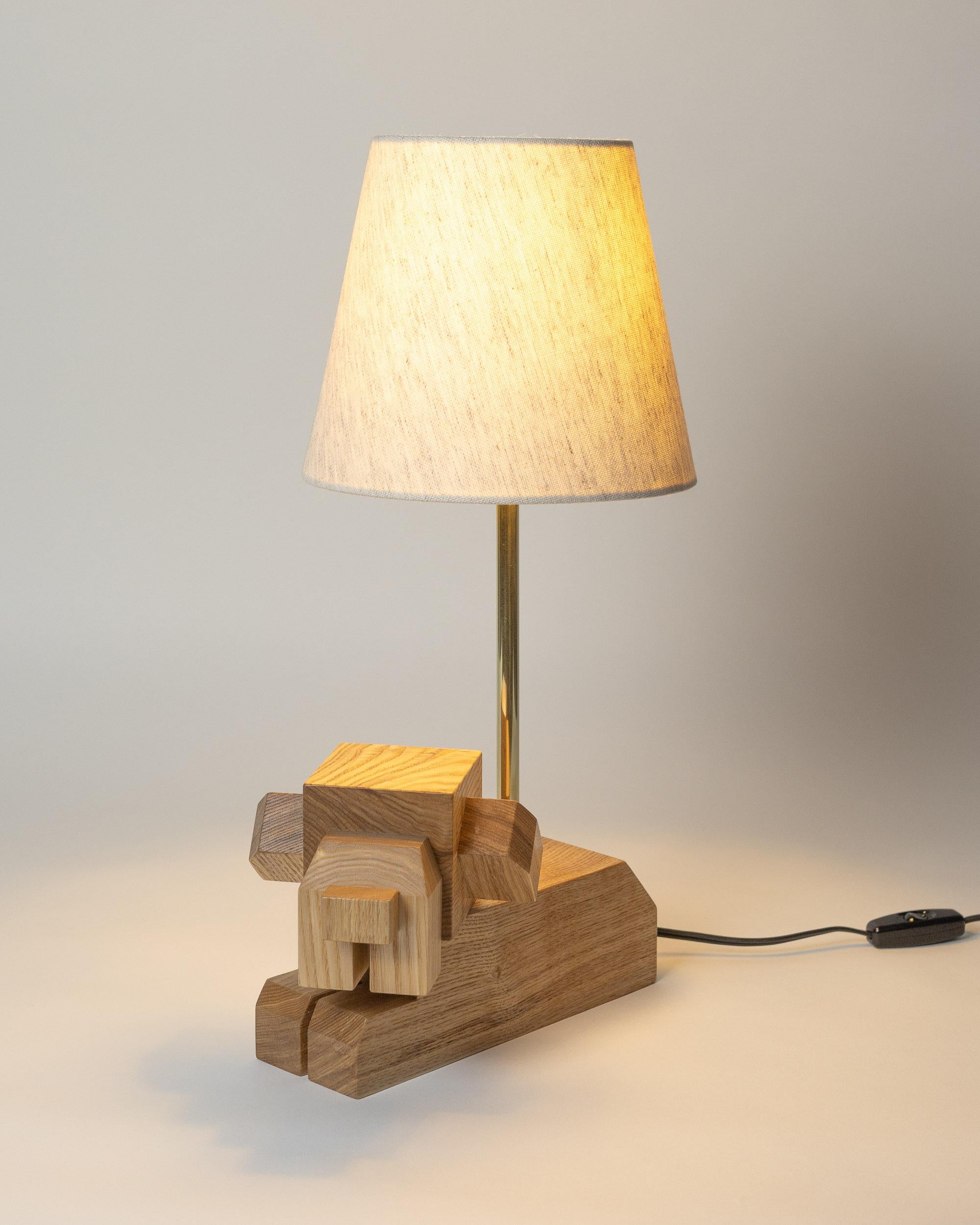 Modern In-stock, Doggy Wooden Table Lamp by WANWANWONDERLAND, hardwood, fabric shade  For Sale