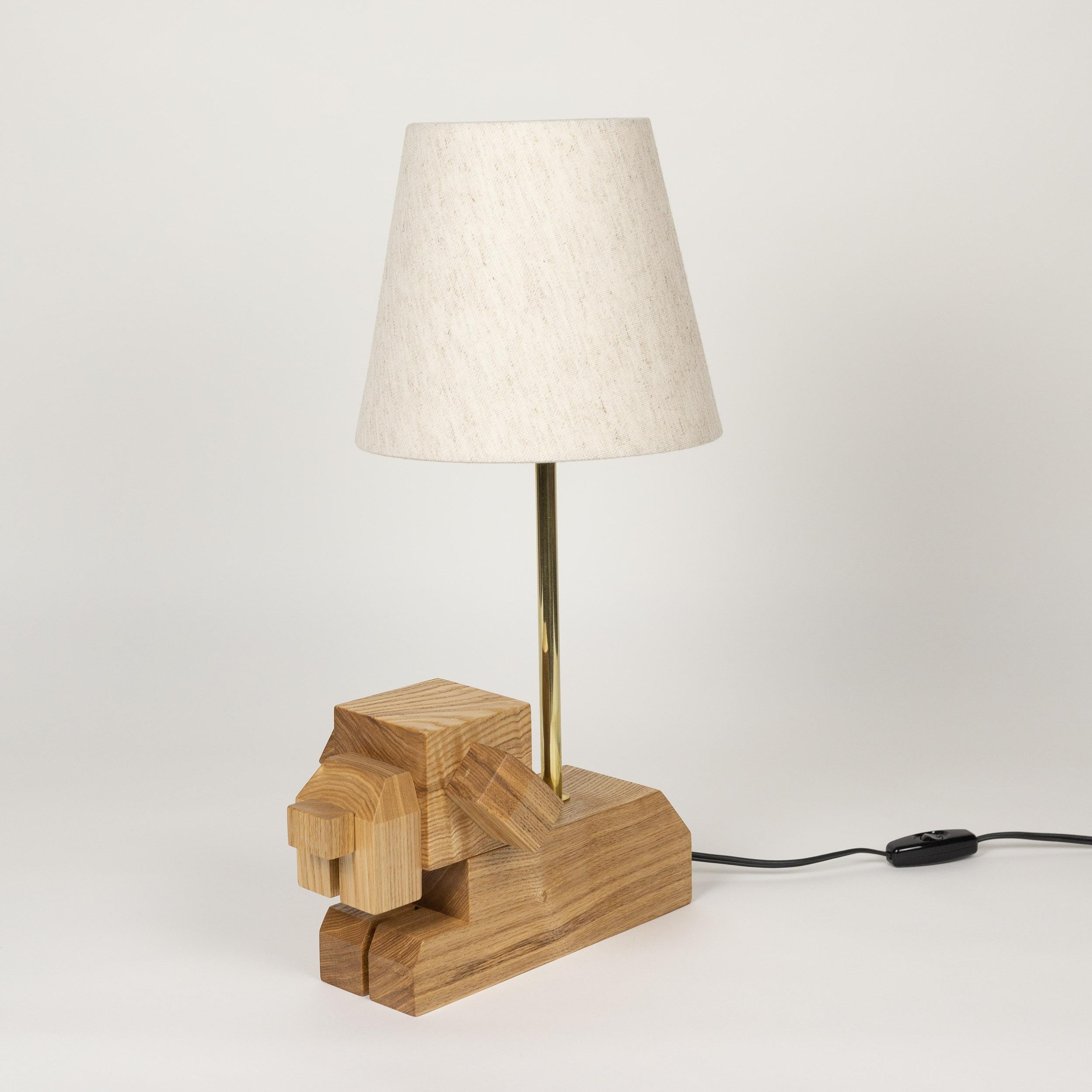 Japanese In-stock, Doggy Wooden Table Lamp by WANWANWONDERLAND, hardwood, fabric shade  For Sale
