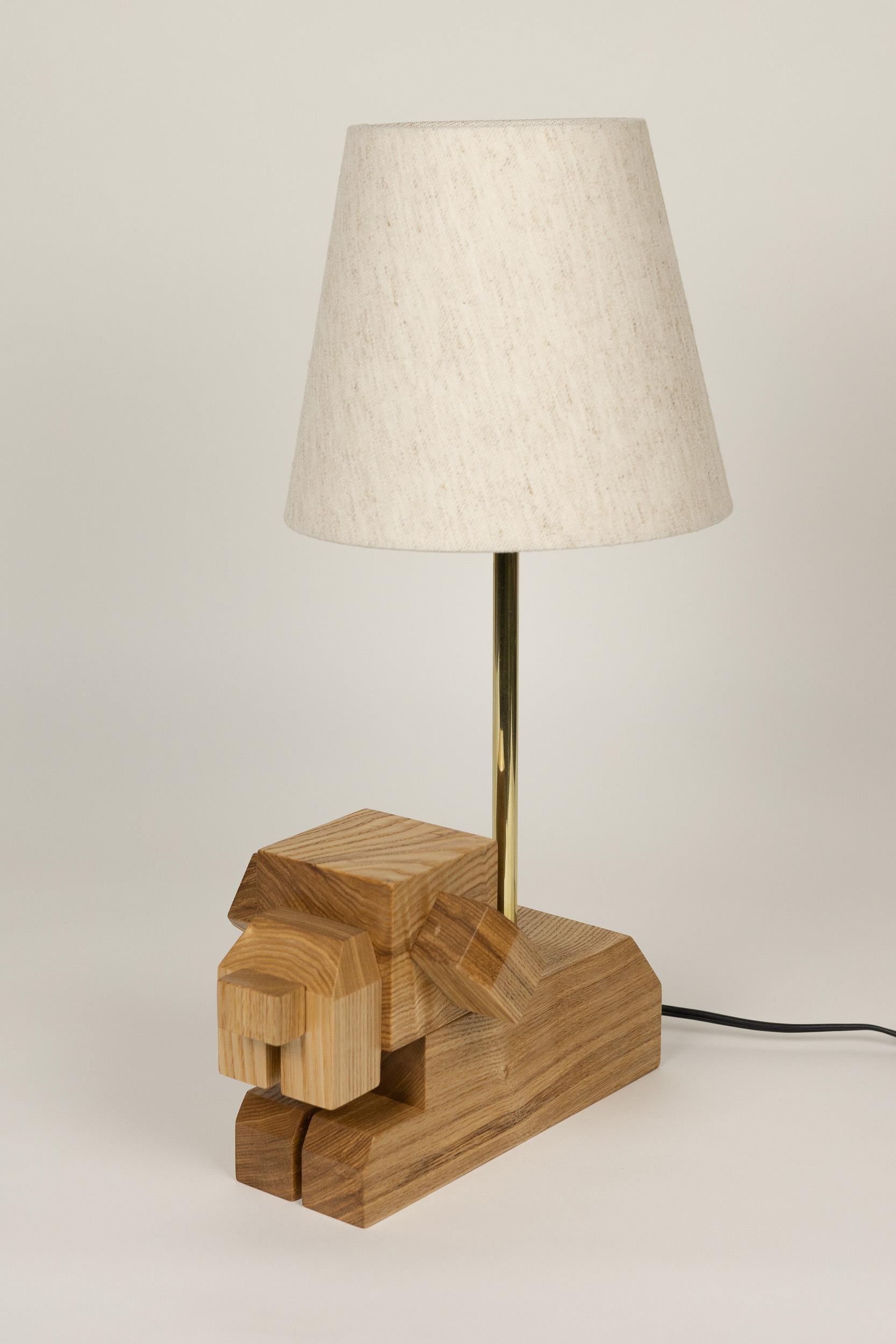In-stock, Doggy Wooden Table Lamp by WANWANWONDERLAND, hardwood, fabric shade  In New Condition For Sale In Brooklyn, NY