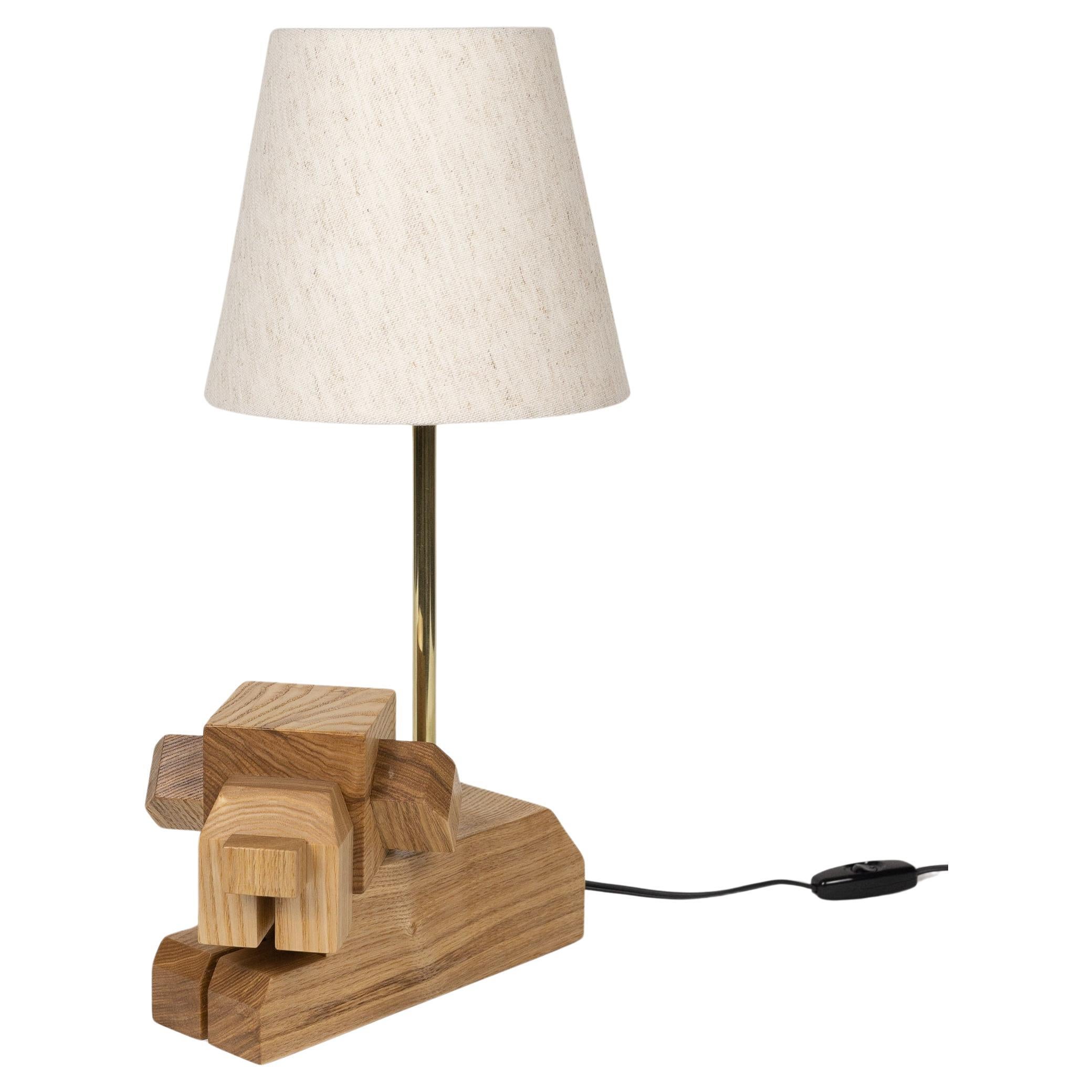 In-stock, Doggy Wooden Table Lamp by WANWANWONDERLAND, hardwood, fabric shade  For Sale