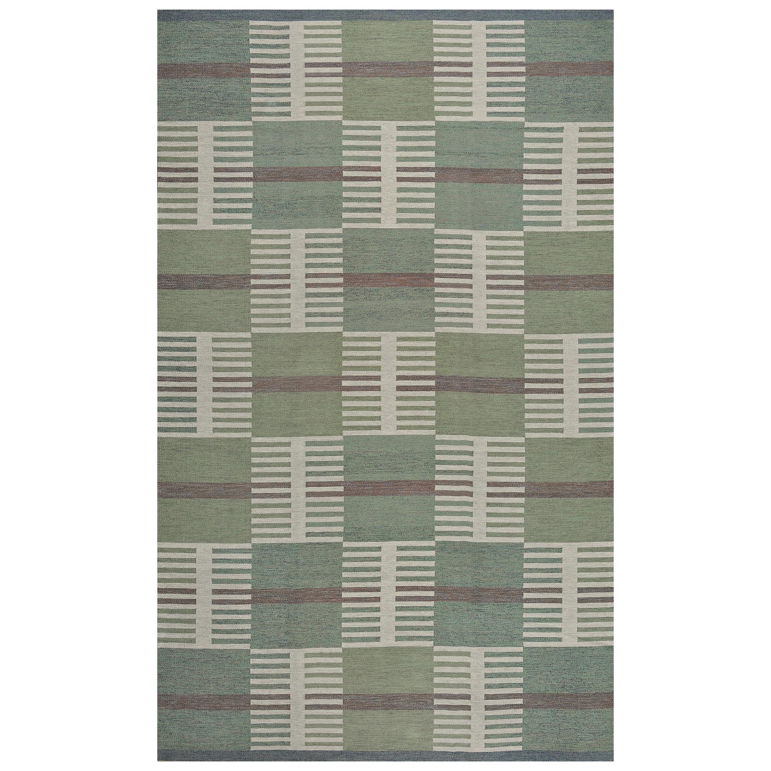 Vorrätig Handgewebter Contemporary Wool Swedish-Inspired Flatweave Green Rug