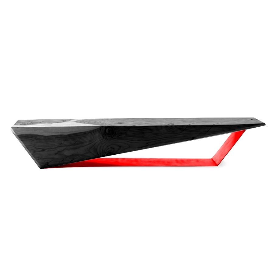Modern In Stock in LA, Wedge, Black Cedar Wood Bench with Red Iron Base, Made in Italy For Sale