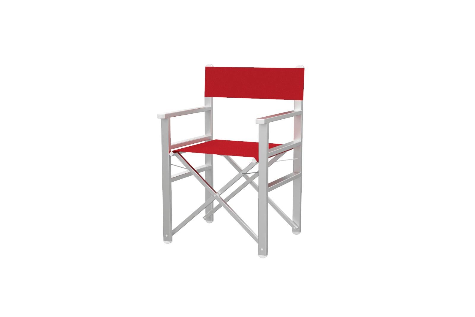 Calipso red/white outdoor director's armchair
In Stock in Los Angeles

Folding red/white aluminum outdoor chair in aluminium, finished in white powder coating. Anodized aluminum frame, stainless steel nuts and bolts, “textilene” sheet in PVC