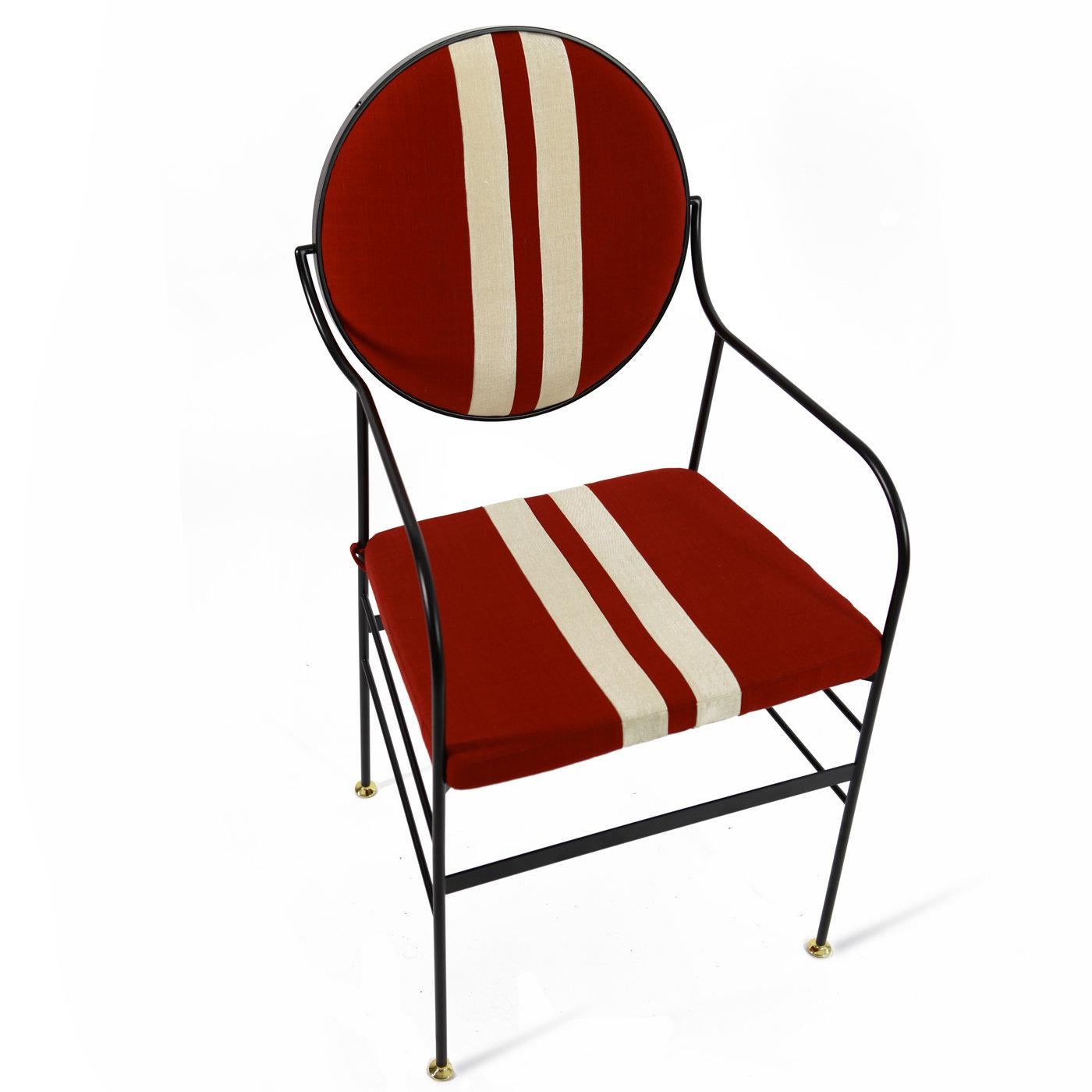 Red/White Sport Stripe chair
In Stock in Los Angeles
Note: Please see last 4 images to see the actual product.

This striking chair is in iron with brass feet. The iron is dust painted and oven finished, while the back can rotate on its structure to