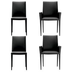 In Stock in Los Angeles, Set of 2 Black Leather Dining Chairs and 2 Armchairs