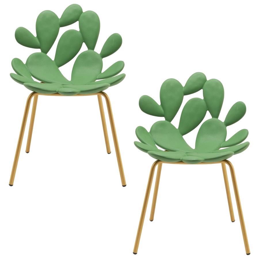 Set of 2 Green / Brass Cactus Chair by Marcantonio, Made in Italy  For Sale