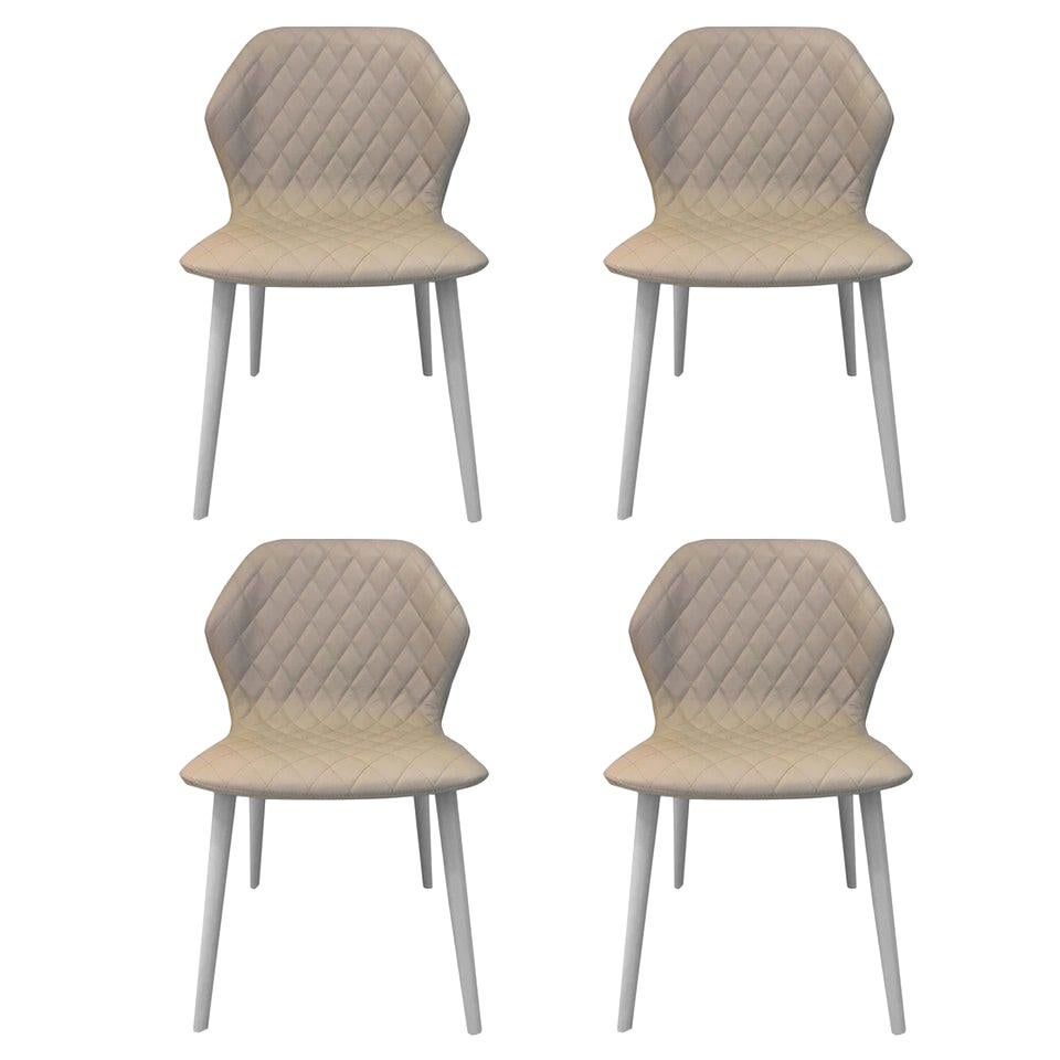 In Stock in Los Angeles, Set of 4 Ava Beige Leather Quilted Chairs