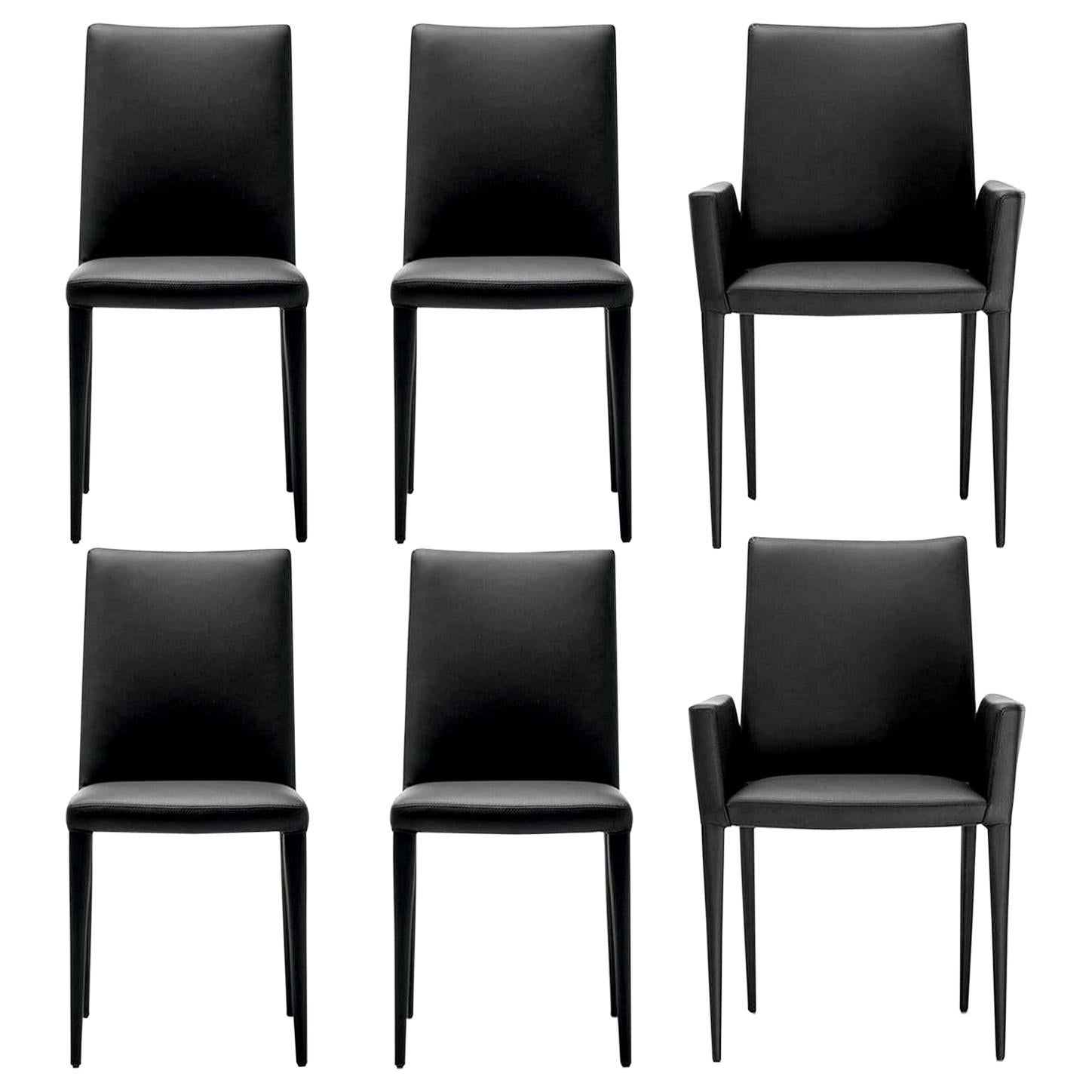 Set of 4 Black Leather Dining Chairs and 2 Armchairs