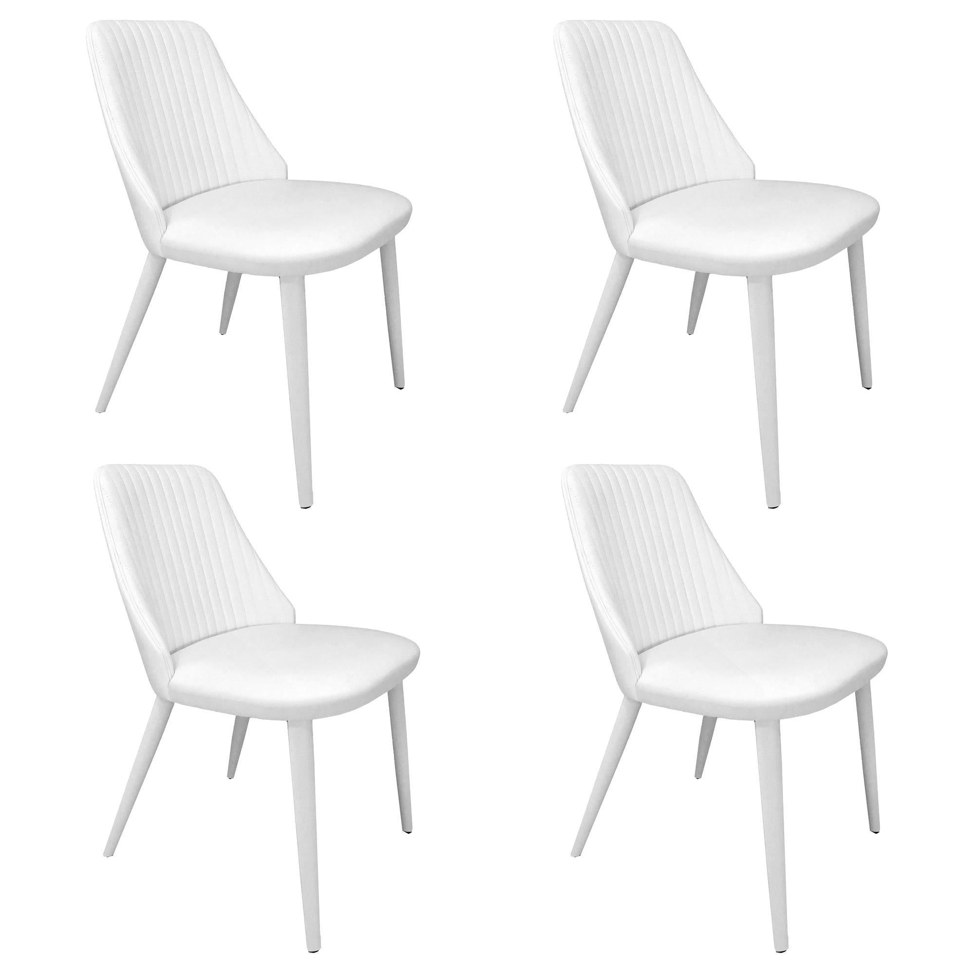 In Stock in Los Angeles, Set of 4 White Leather Dining Chairs by Enzo Berti