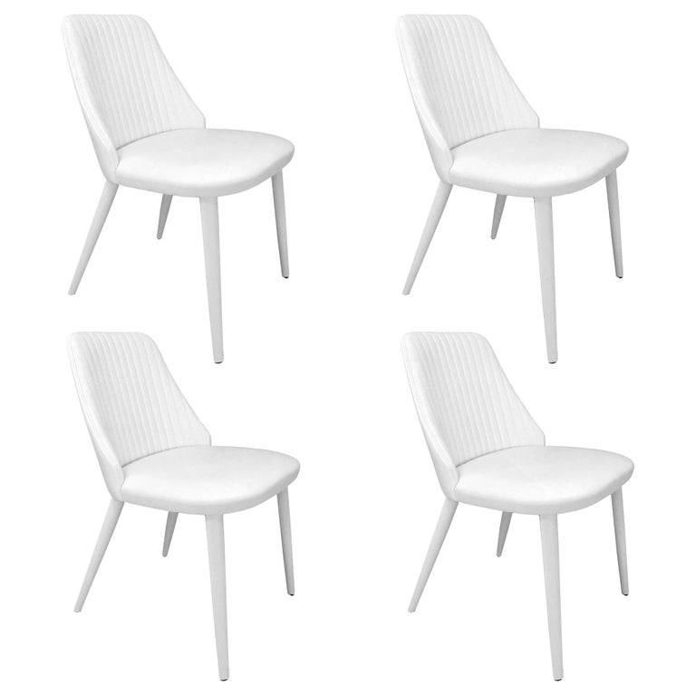 In Stock in Los Angeles, Set of 4 White Leather Dining Chairs by Enzo
