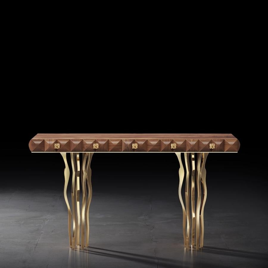 Modern In Stock in Los Angeles, Walnut Console Table with Gold-Plated Brass Legs For Sale