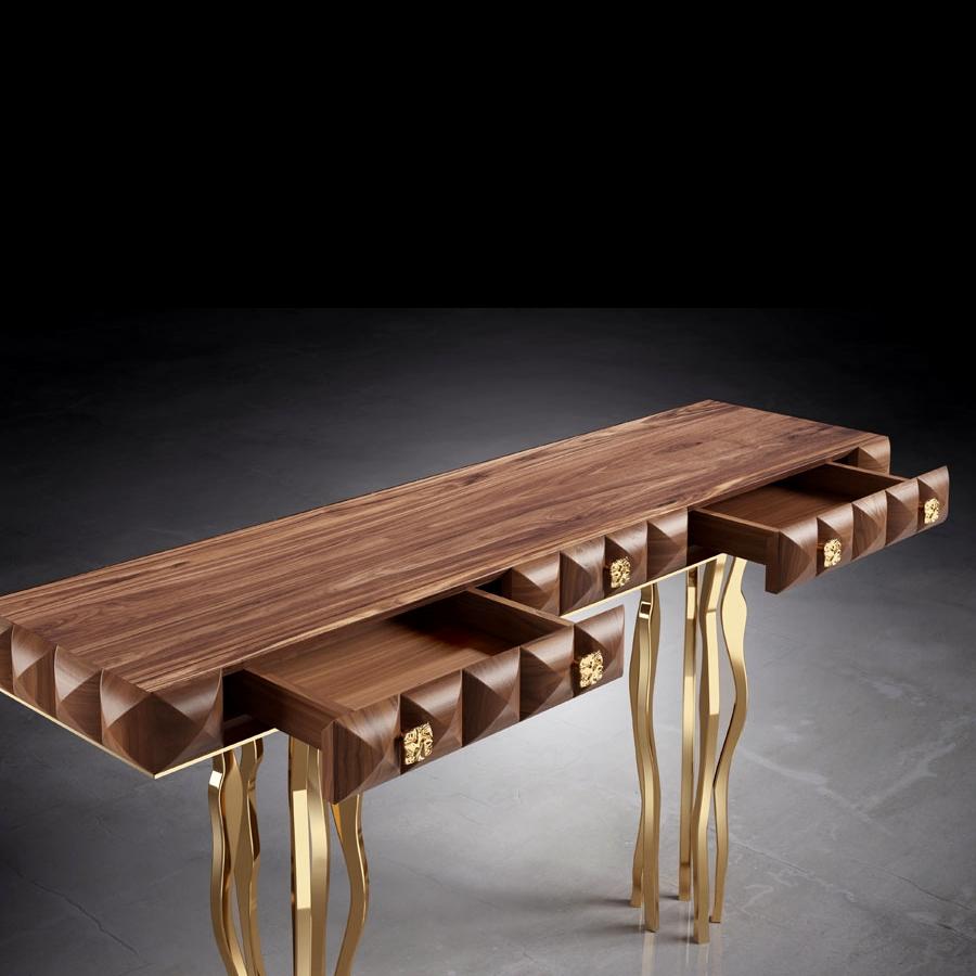 Contemporary In Stock in Los Angeles, Walnut Console Table with Gold-Plated Brass Legs For Sale