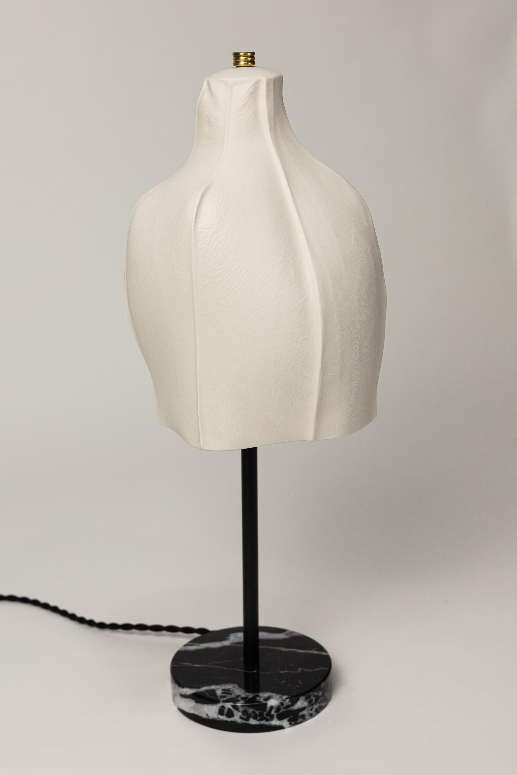 American Kawa Series Table Lamp 01, Organic Textured White Porcelain Black Marble Base For Sale