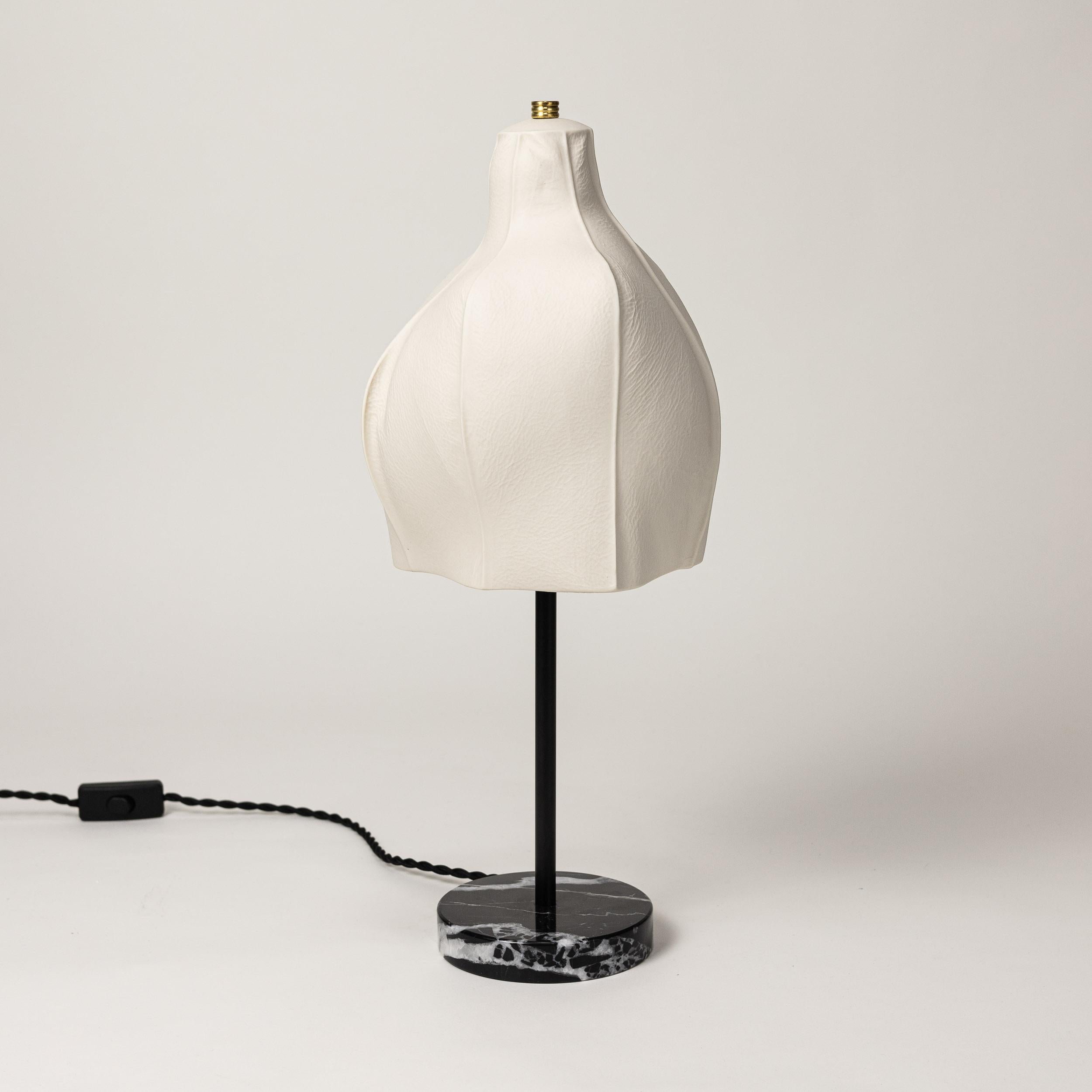 Hand-Crafted Kawa Series Table Lamp 01, Organic Textured White Porcelain Black Marble Base For Sale