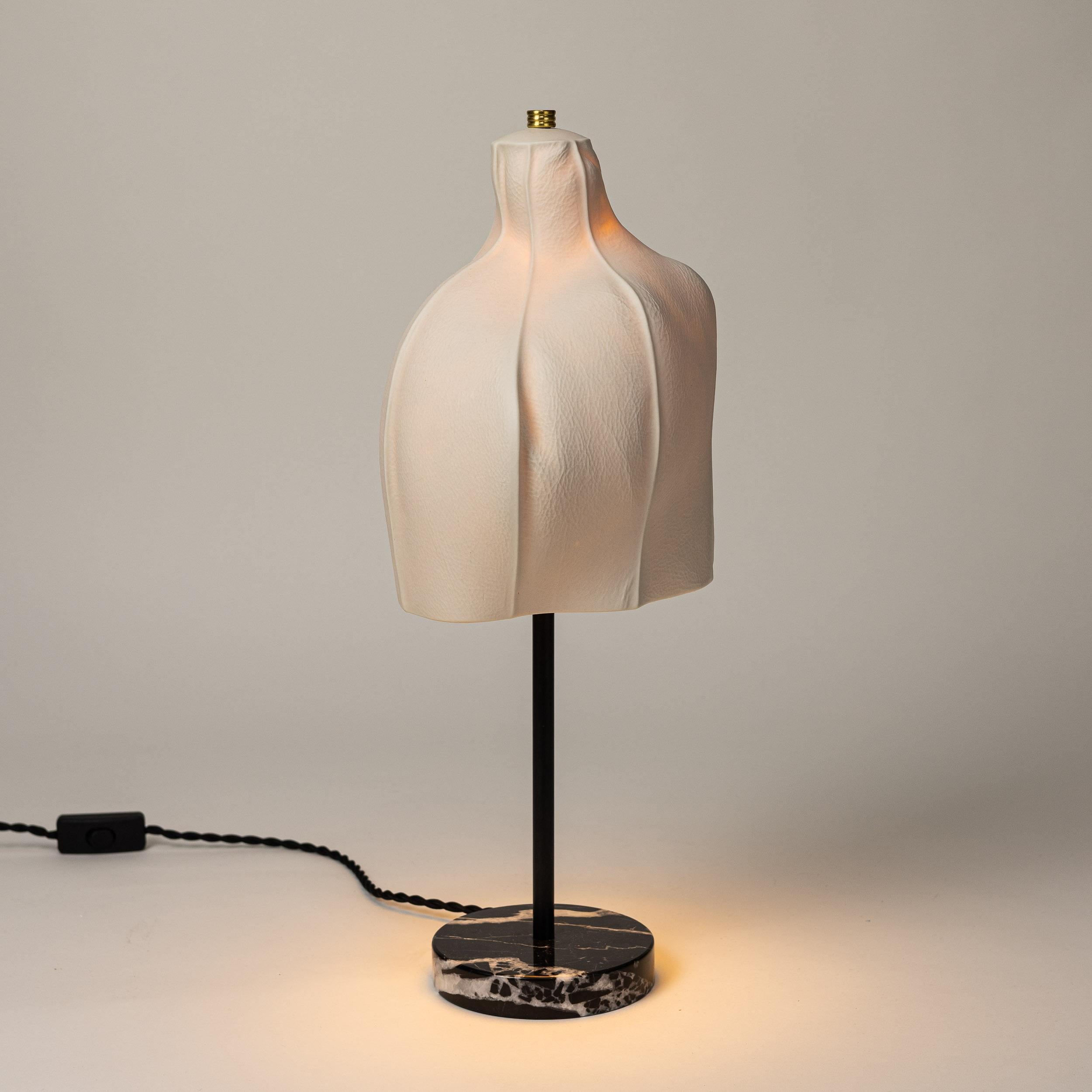 Kawa Series Table Lamp 01, Organic Textured White Porcelain Black Marble Base In New Condition For Sale In Brooklyn, NY