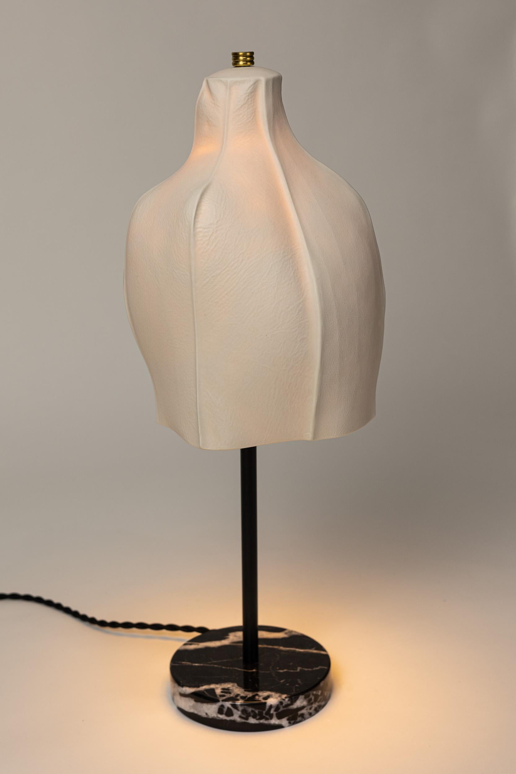 Contemporary Kawa Series Table Lamp 01, Organic Textured White Porcelain Black Marble Base For Sale
