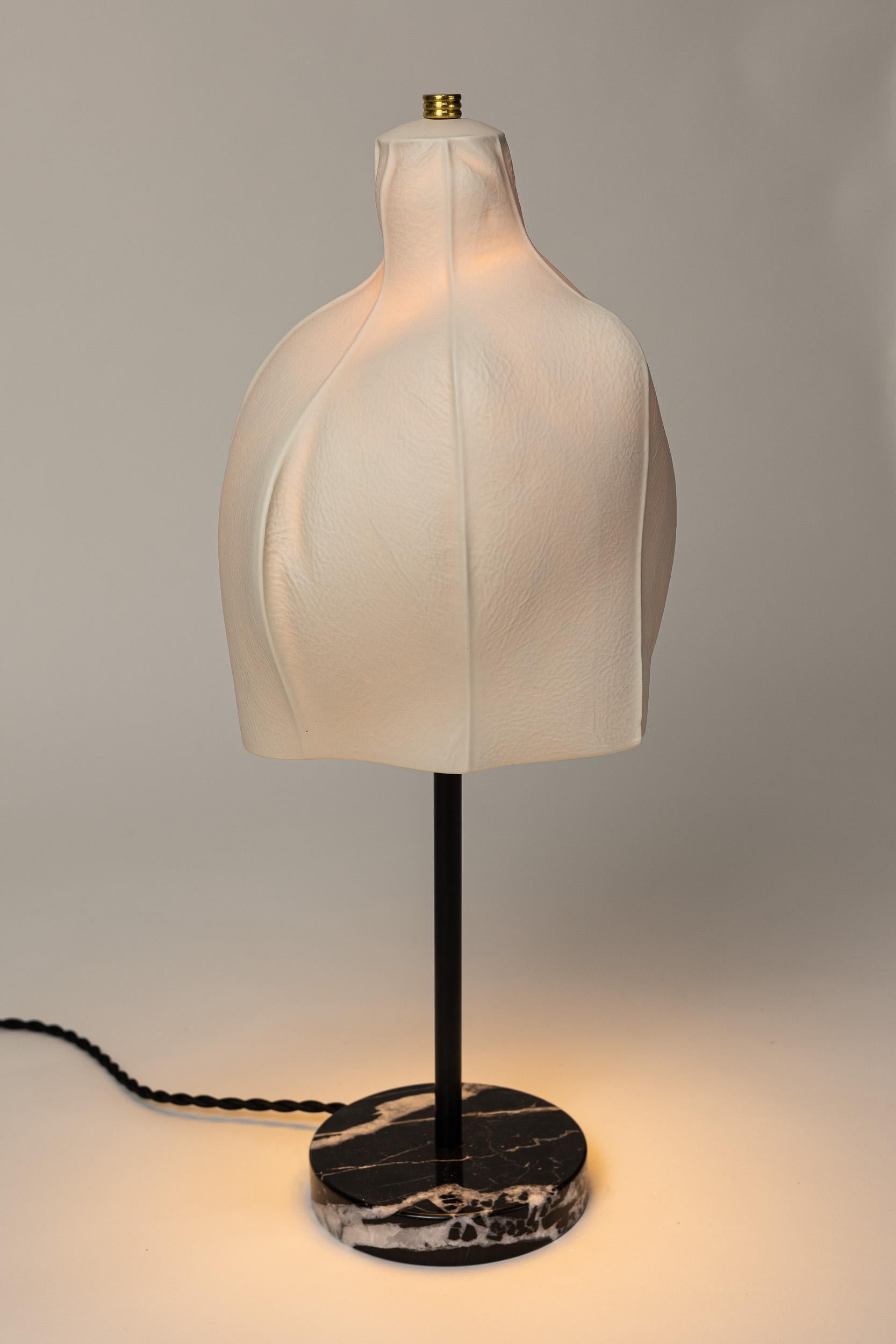 Ceramic Kawa Series Table Lamp 01, Organic Textured White Porcelain Black Marble Base For Sale