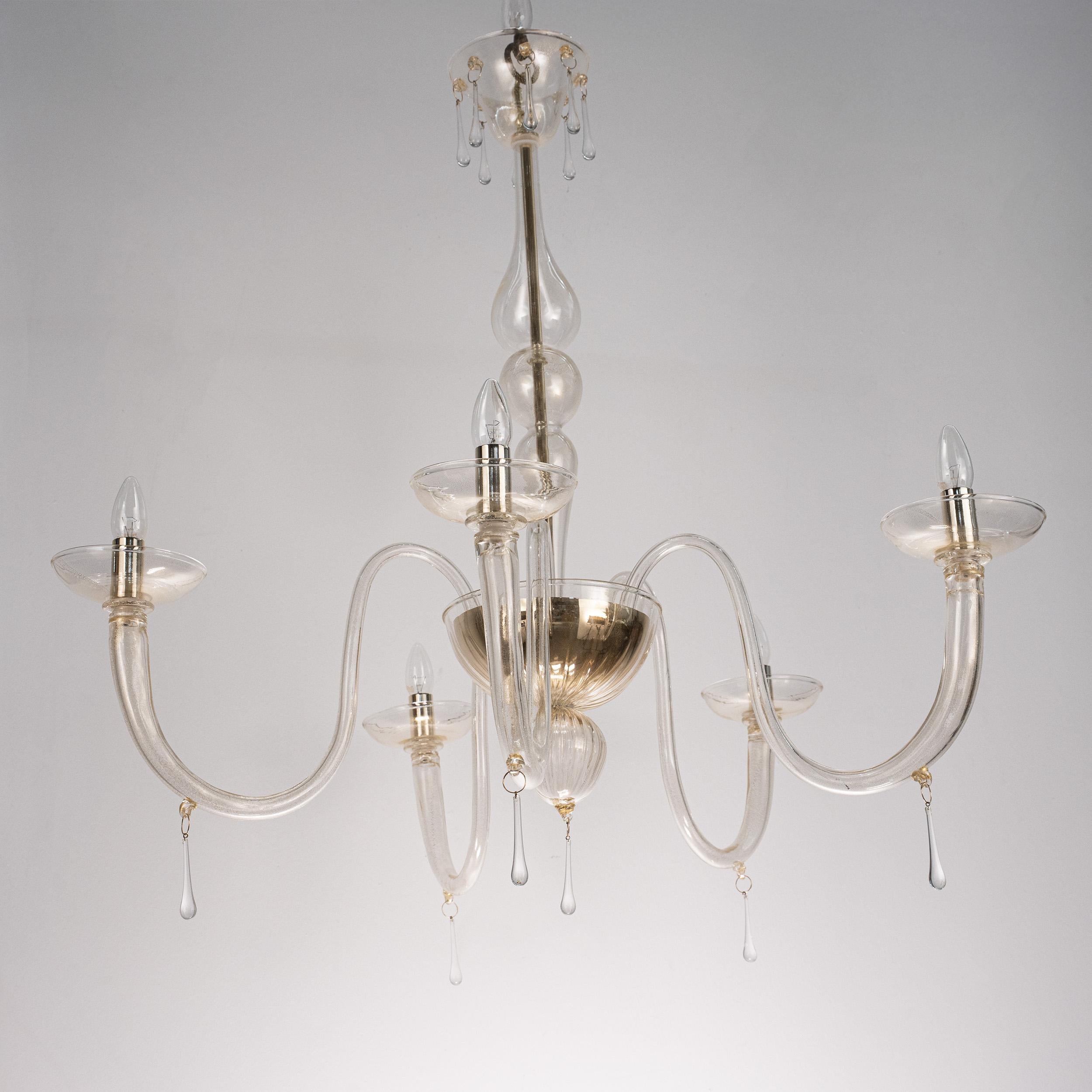 italien En stock grand lustre 5 lumières en verre doré de Murano, Vintage Made in Italy en vente