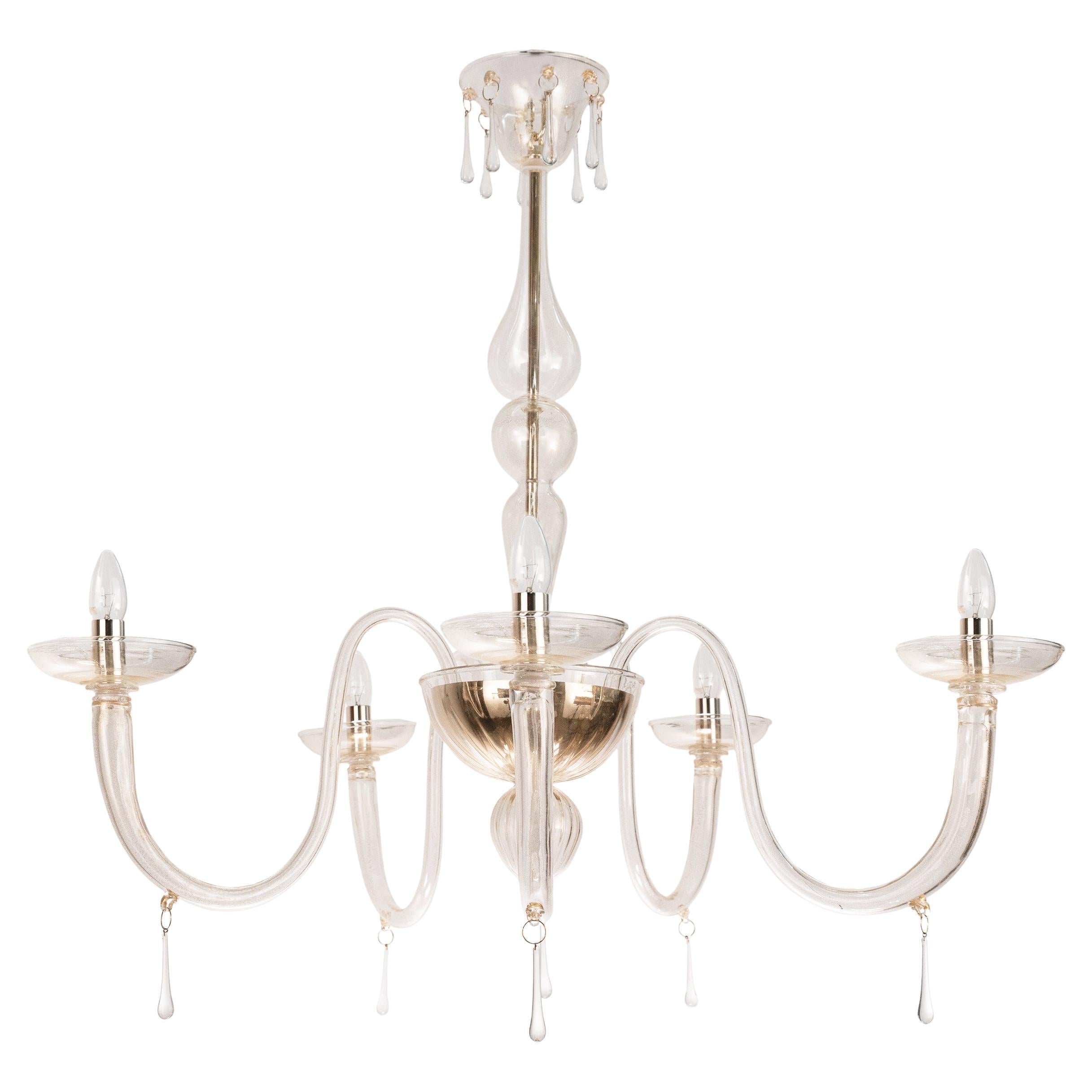 En stock grand lustre 5 lumières en verre doré de Murano, Vintage Made in Italy