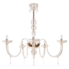 En stock grand lustre 5 lumières en verre doré de Murano, Vintage Made in Italy