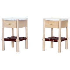 In Stock Mae Side Tables with Marble Top and Woven Leather Shelf