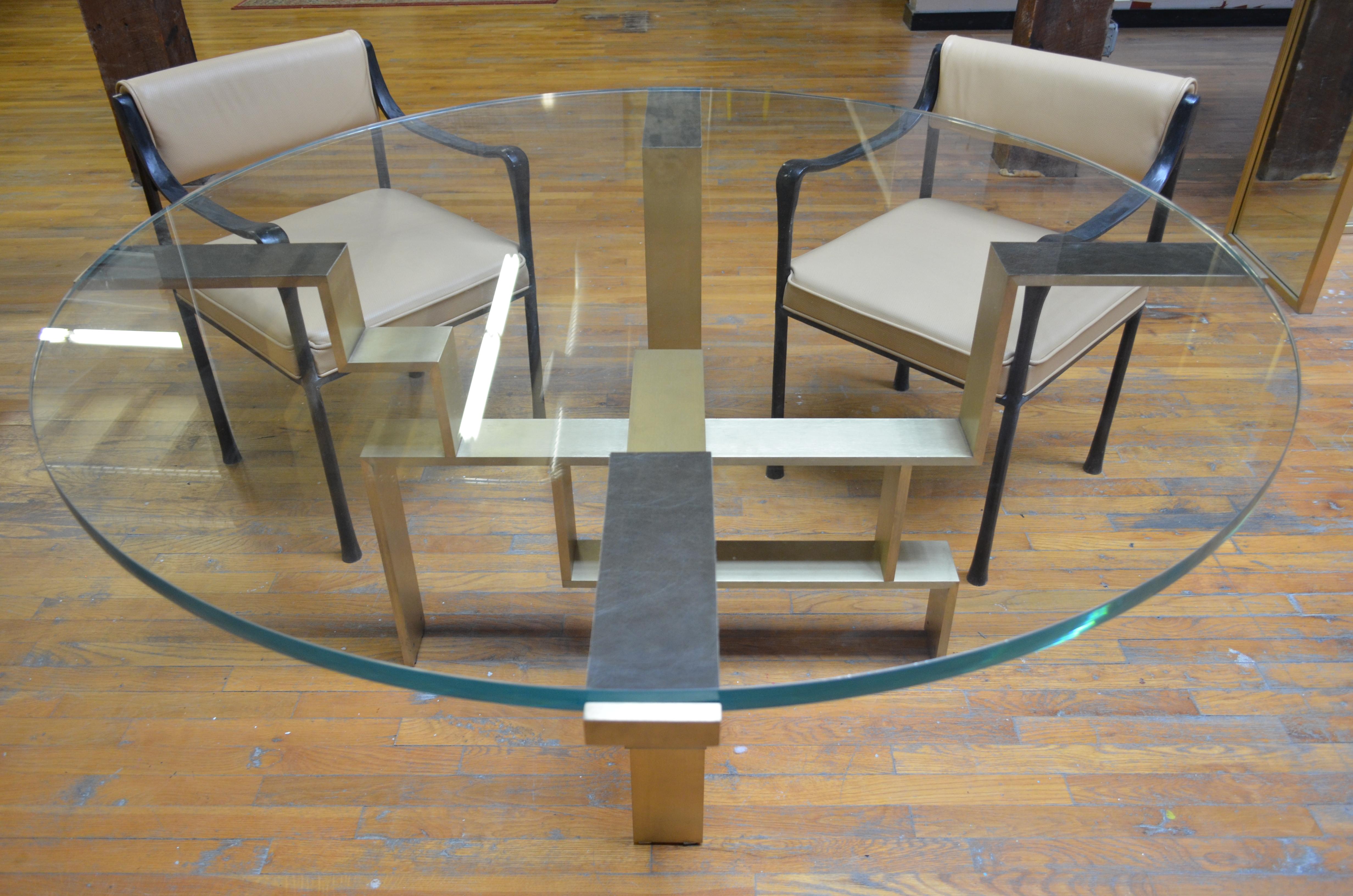 Brutalist In-Stock Metropolis Glass Top Polished Brass Base Table For Sale