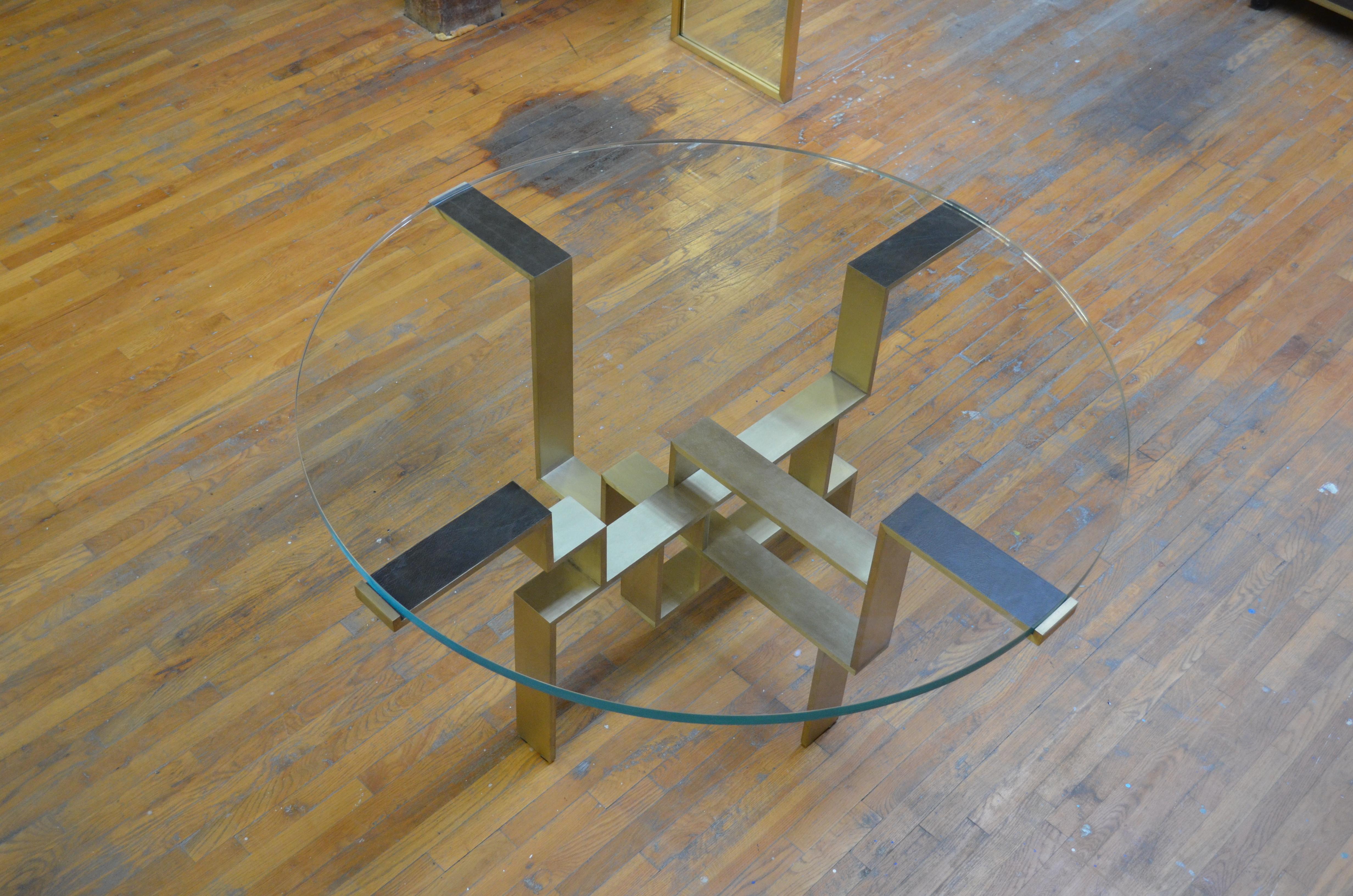 Contemporary In-Stock Metropolis Glass Top Polished Brass Base Table For Sale
