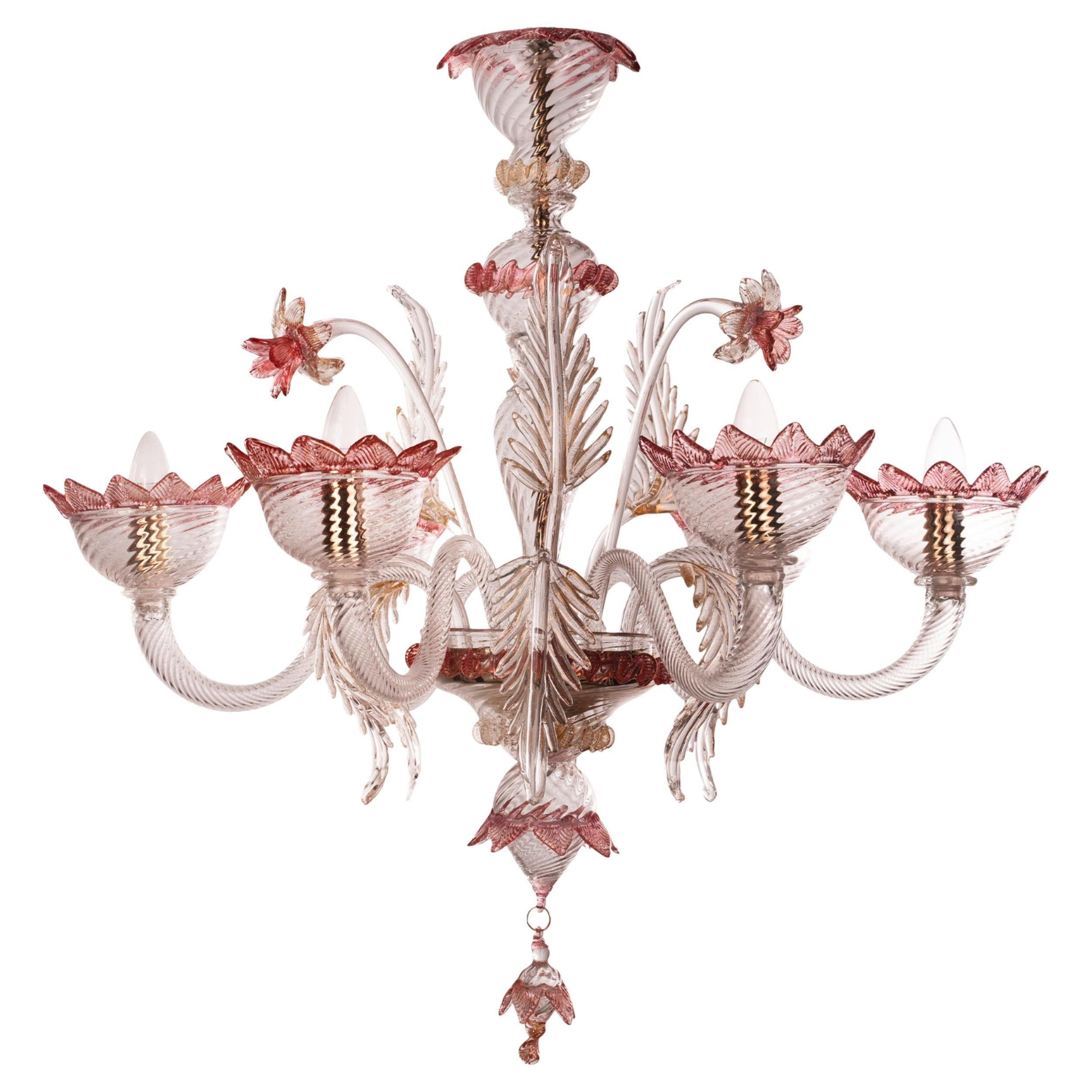 In stock Lampadario in vetro di Murano a 6 bracci in oro rubino Vintage Made in Venice Italy in vendita