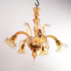 In stock Murano glass chandelier Amber and clear 5 lights, Vintage Made in Italy