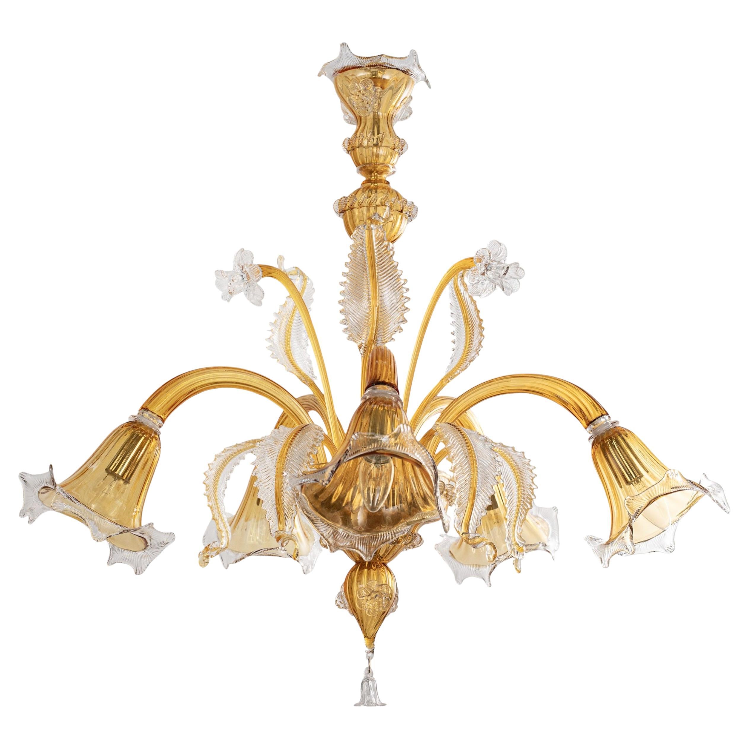In stock Murano glass chandelier Amber and clear 5 lights, Vintage Made in Italy