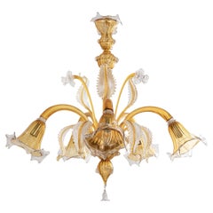 In stock Murano glass chandelier Amber and clear 5 lights, Vintage Made in Italy