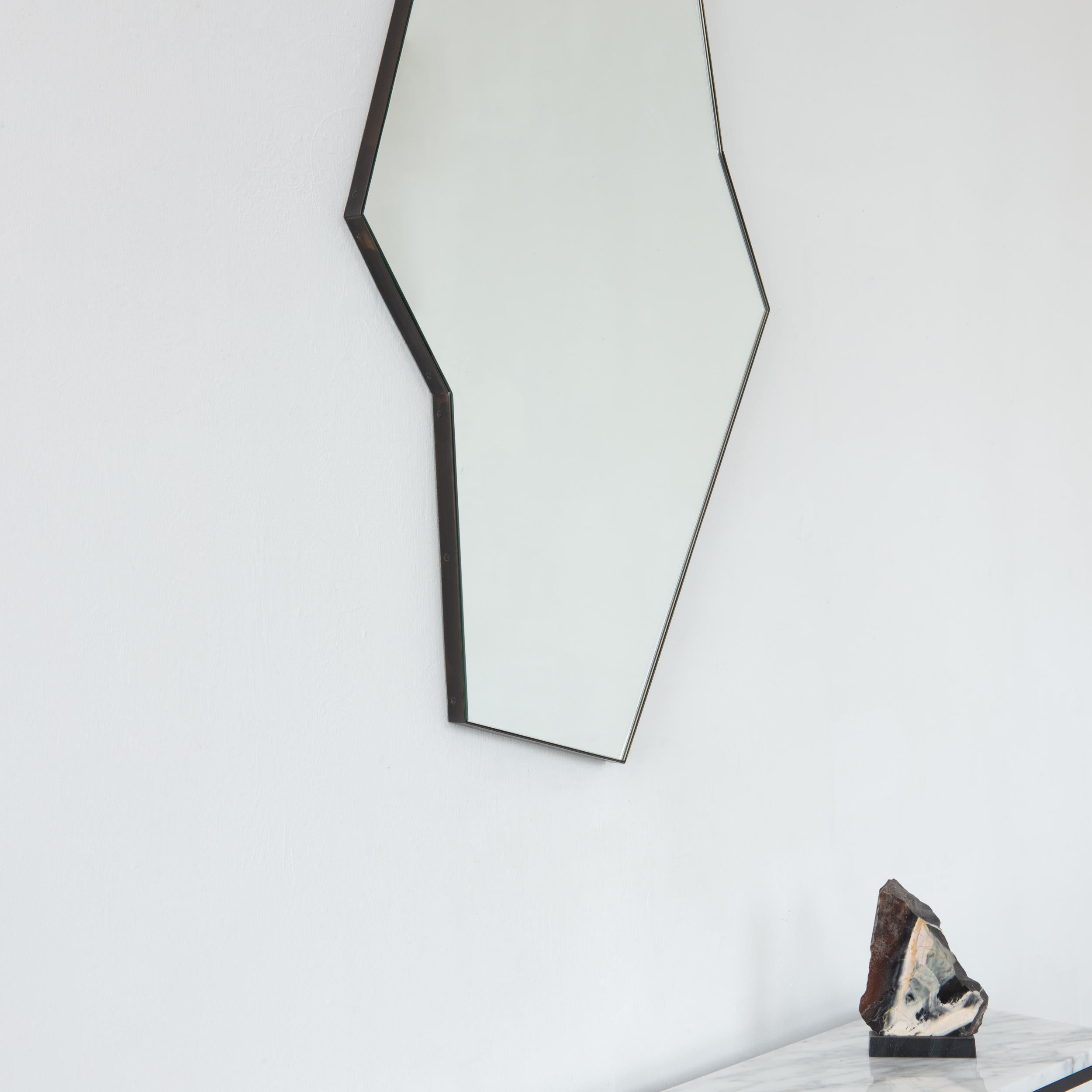 Laiton En stock Octagon Bapa Irregular shaped Art Deco Mirror with Bronze Patina Frame en vente