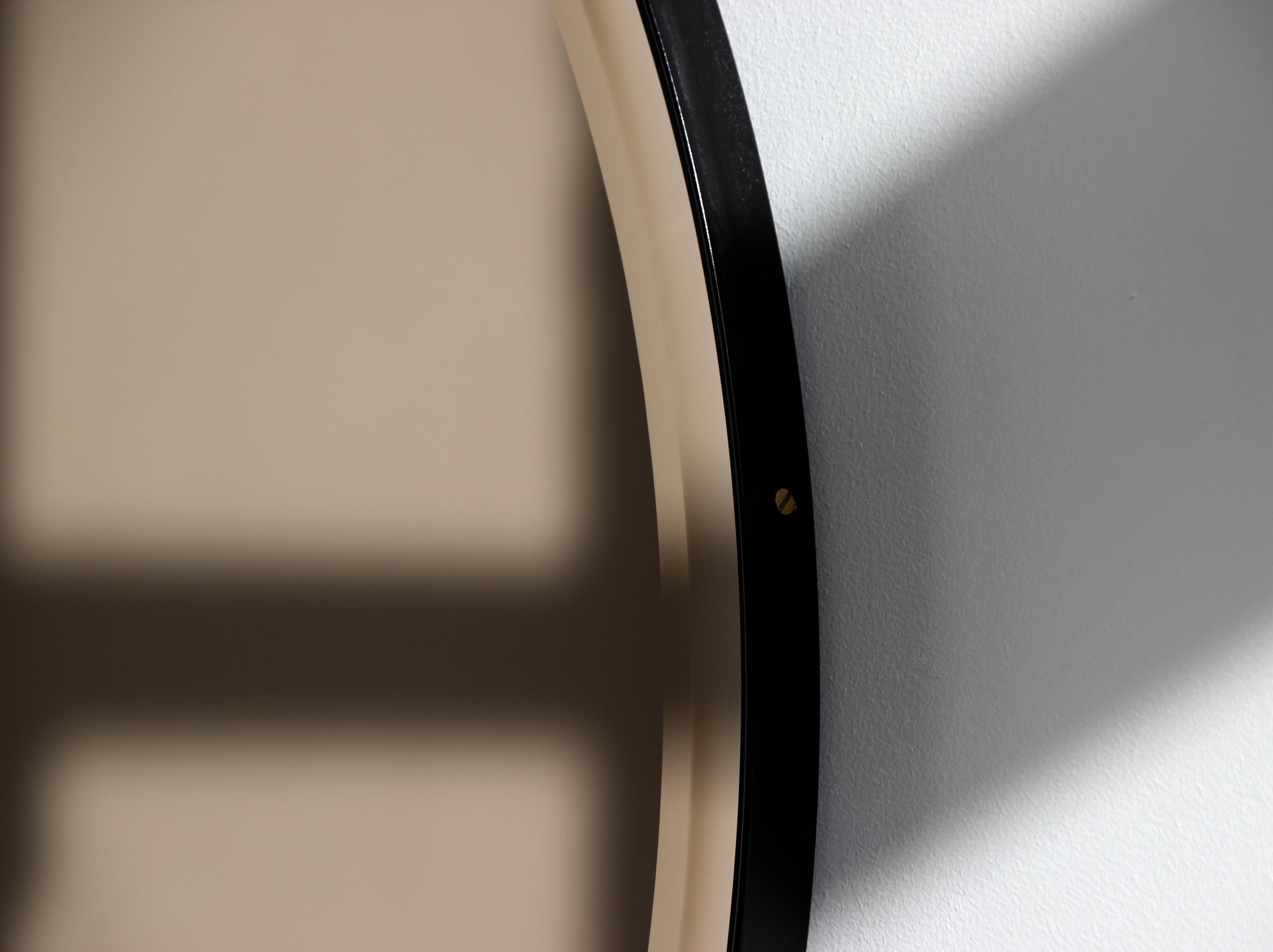 In Stock Orbis Bevelled Bronze Tinted Round Mirror, Black Frame, Medium For Sale 2