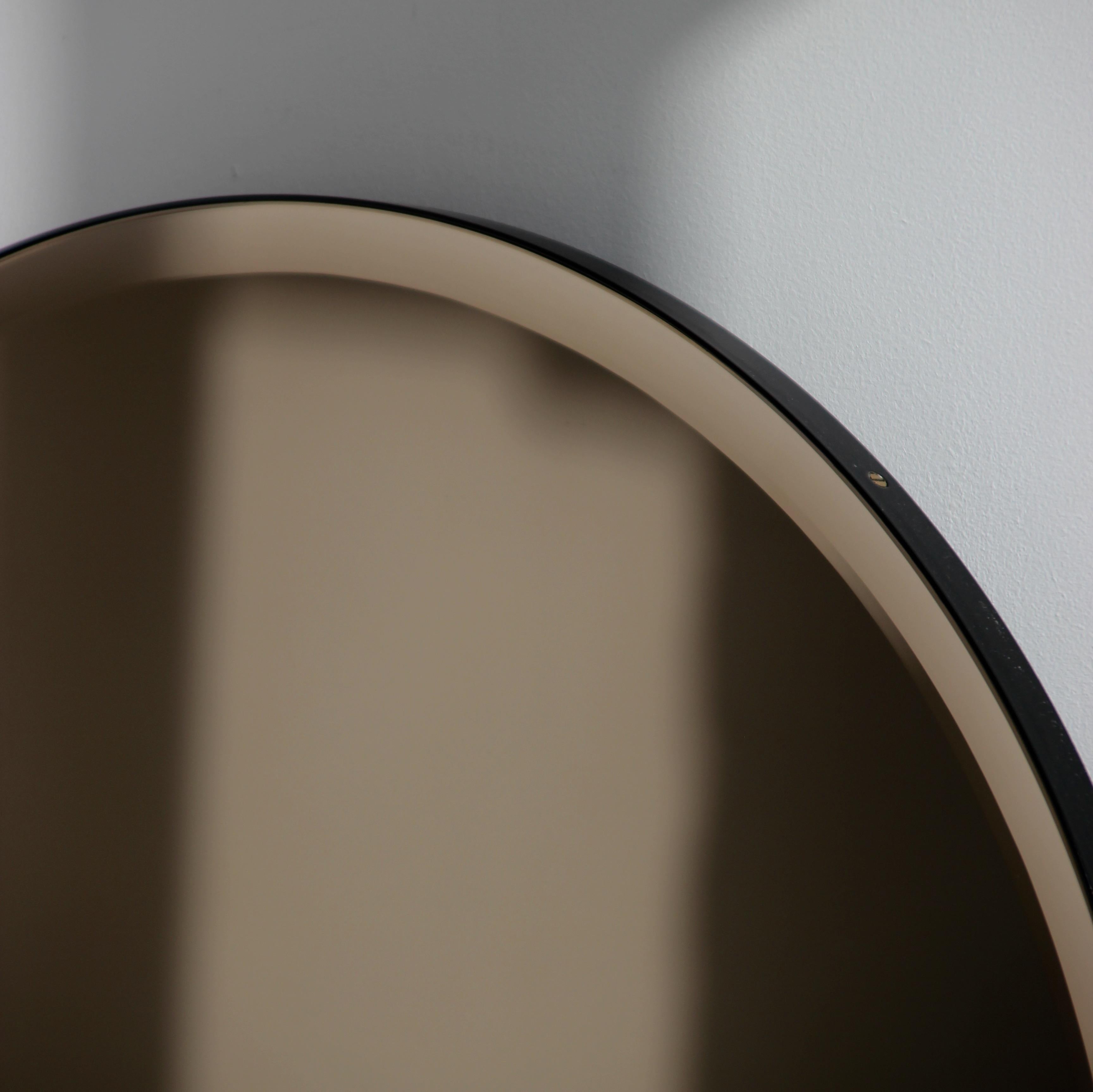 In Stock Orbis Bevelled Bronze Tinted Round Mirror, Black Frame, Medium For Sale 3